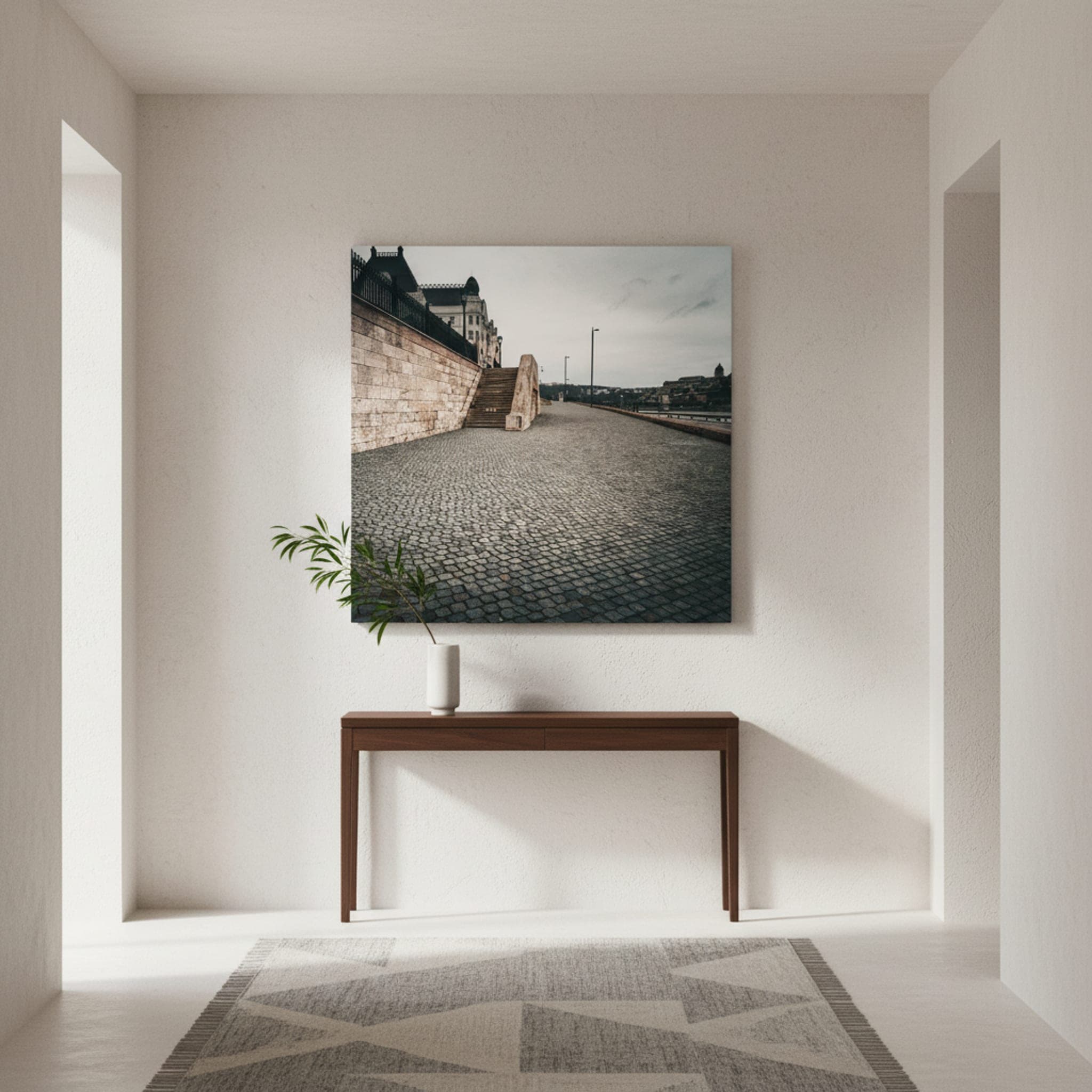 Budapest Winter Morning shown as a canvas print in a styled interior, view 3 of 3