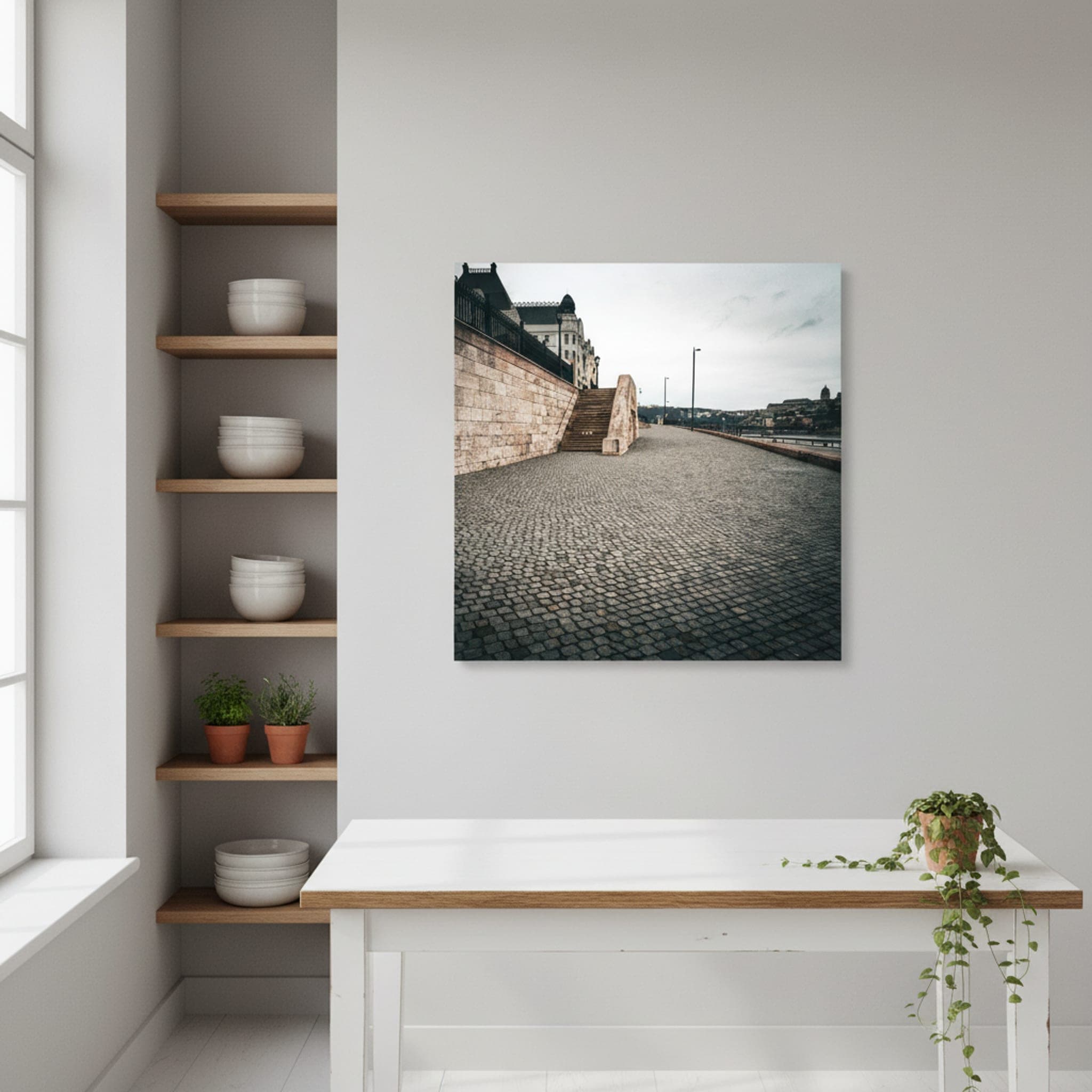 Budapest Winter Morning shown as a canvas print in a styled interior, view 2 of 3