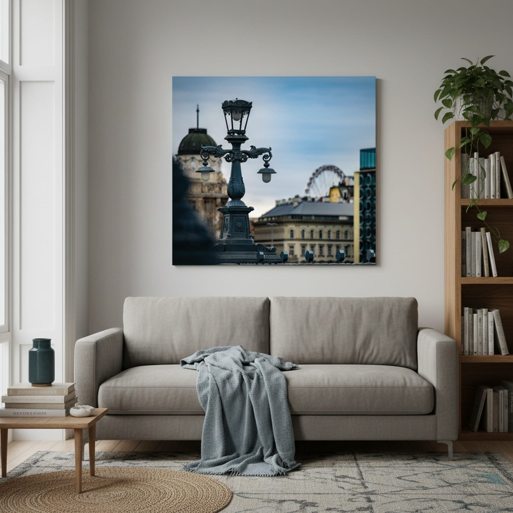 Budapest Lamppost Serenity shown as a canvas print in a styled interior, view 2 of 3