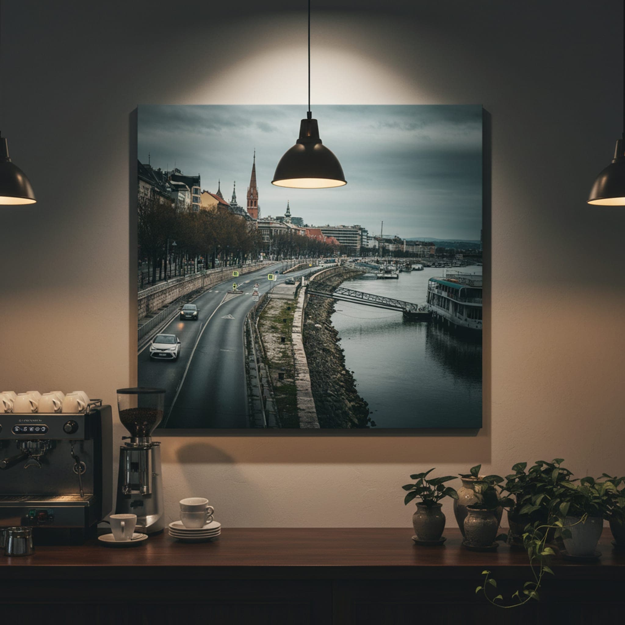Budapest Winter Embankment shown as a canvas print in a styled interior, view 3 of 3