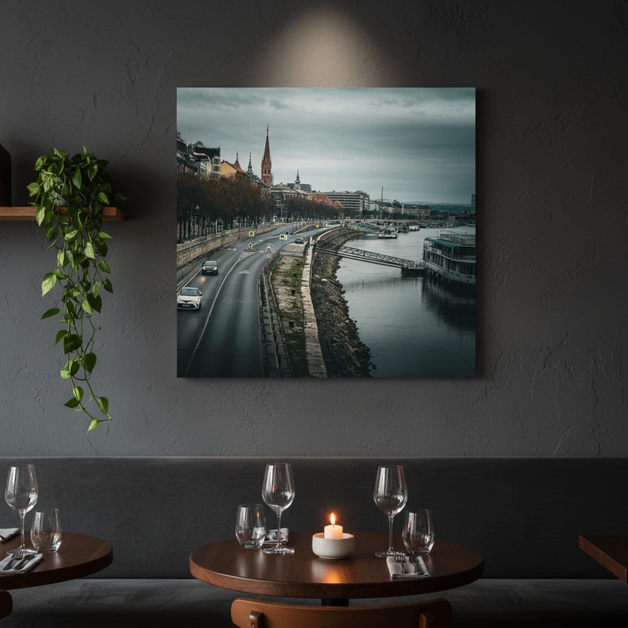 Budapest Winter Embankment shown as a canvas print in a styled interior, view 1 of 3