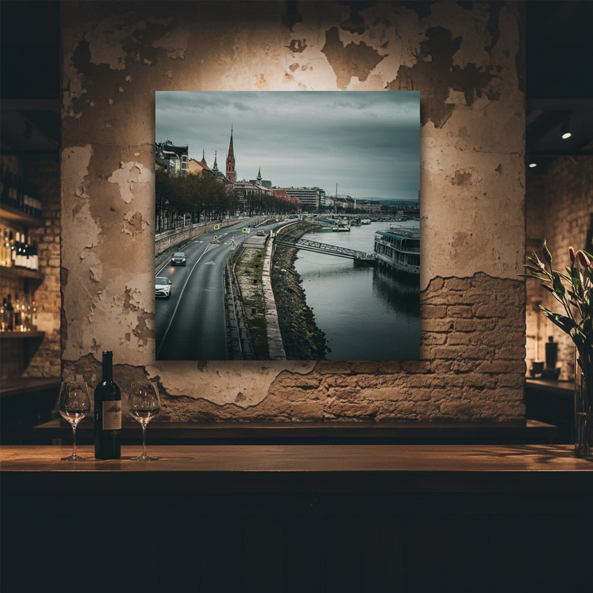 Budapest Winter Embankment shown as a canvas print in a styled interior, view 2 of 3