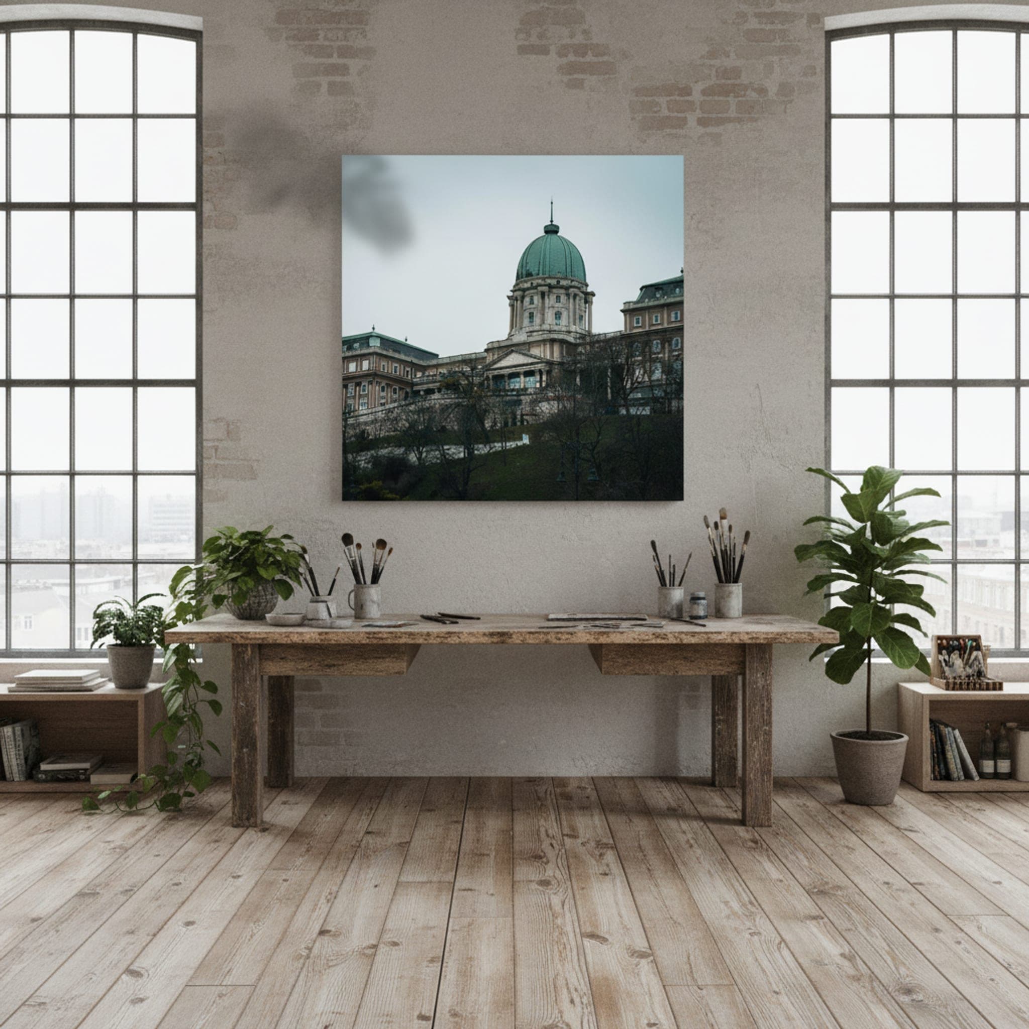 Budapest Winter Palace shown as a canvas print in a styled interior, view 1 of 3