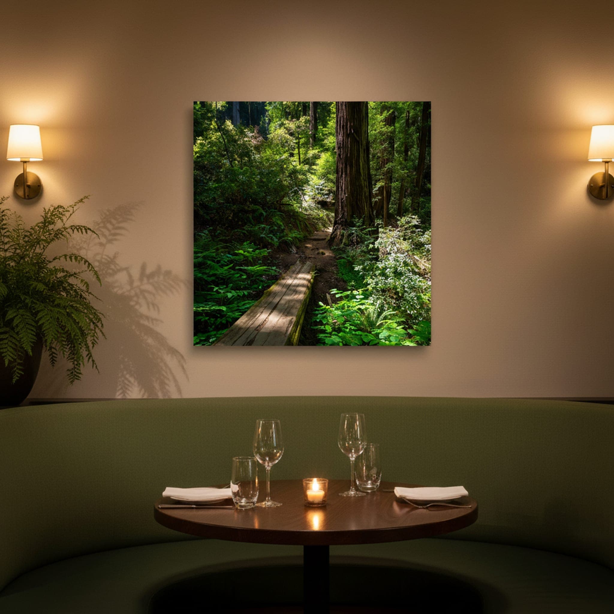 Redwood Forest Path shown as a canvas print in a styled interior, view 1 of 3