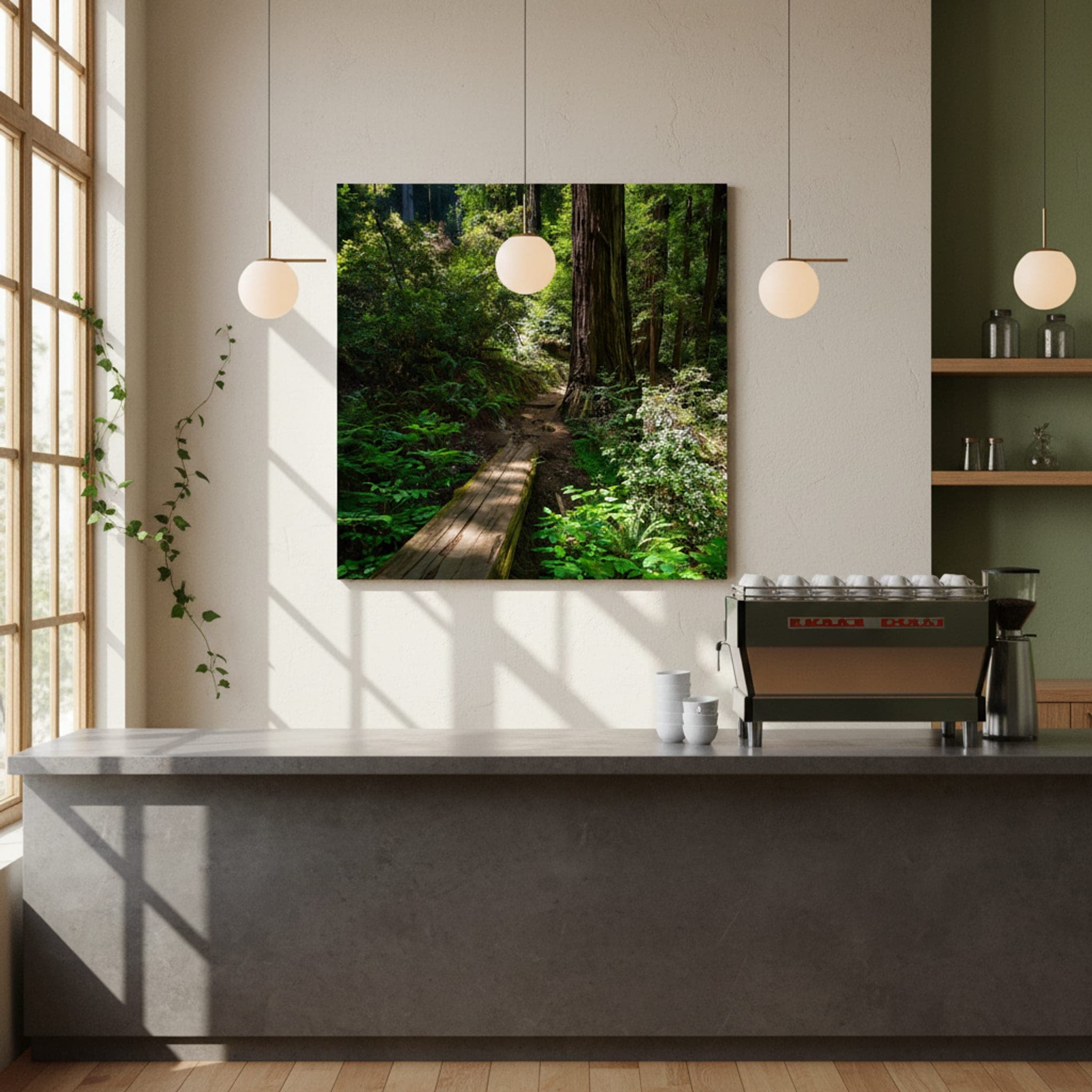 Redwood Forest Path shown as a canvas print in a styled interior, view 2 of 3