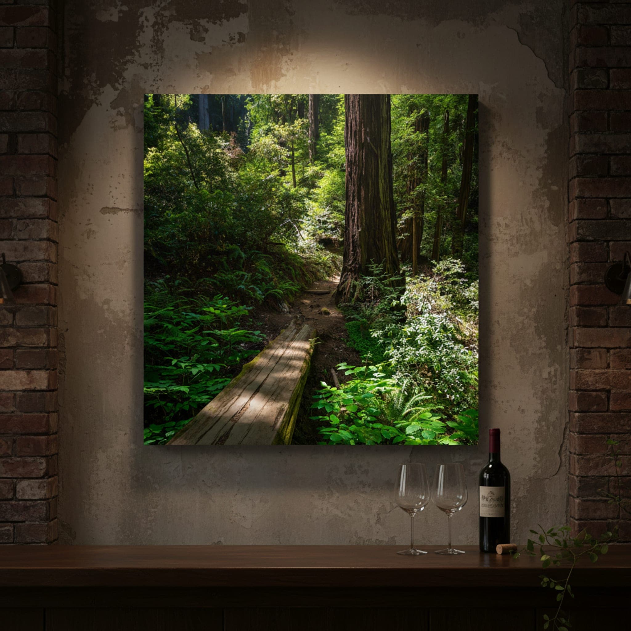 Redwood Forest Path shown as a canvas print in a styled interior, view 3 of 3