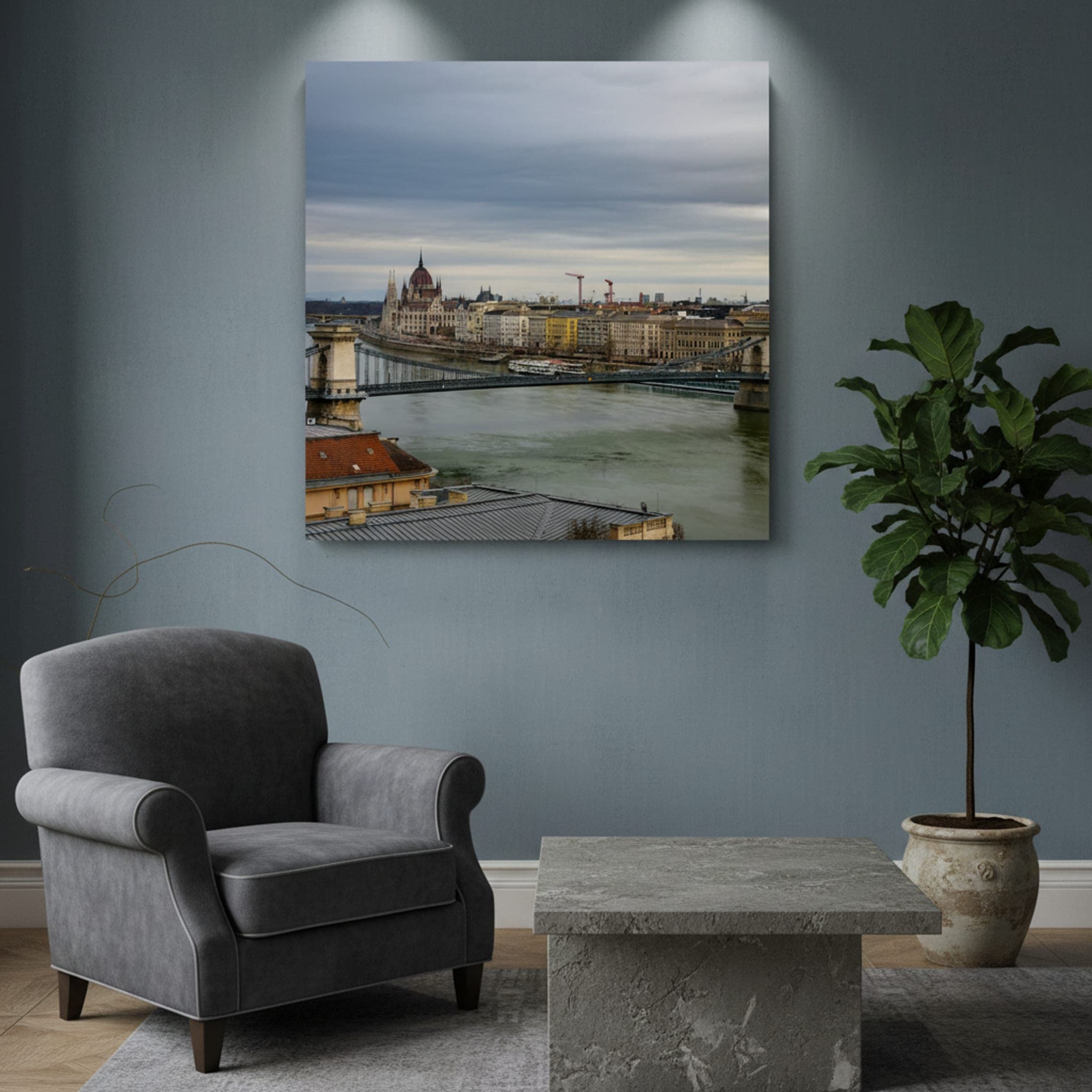 Danube's Winter Embrace shown as a canvas print in a styled interior, view 2 of 3