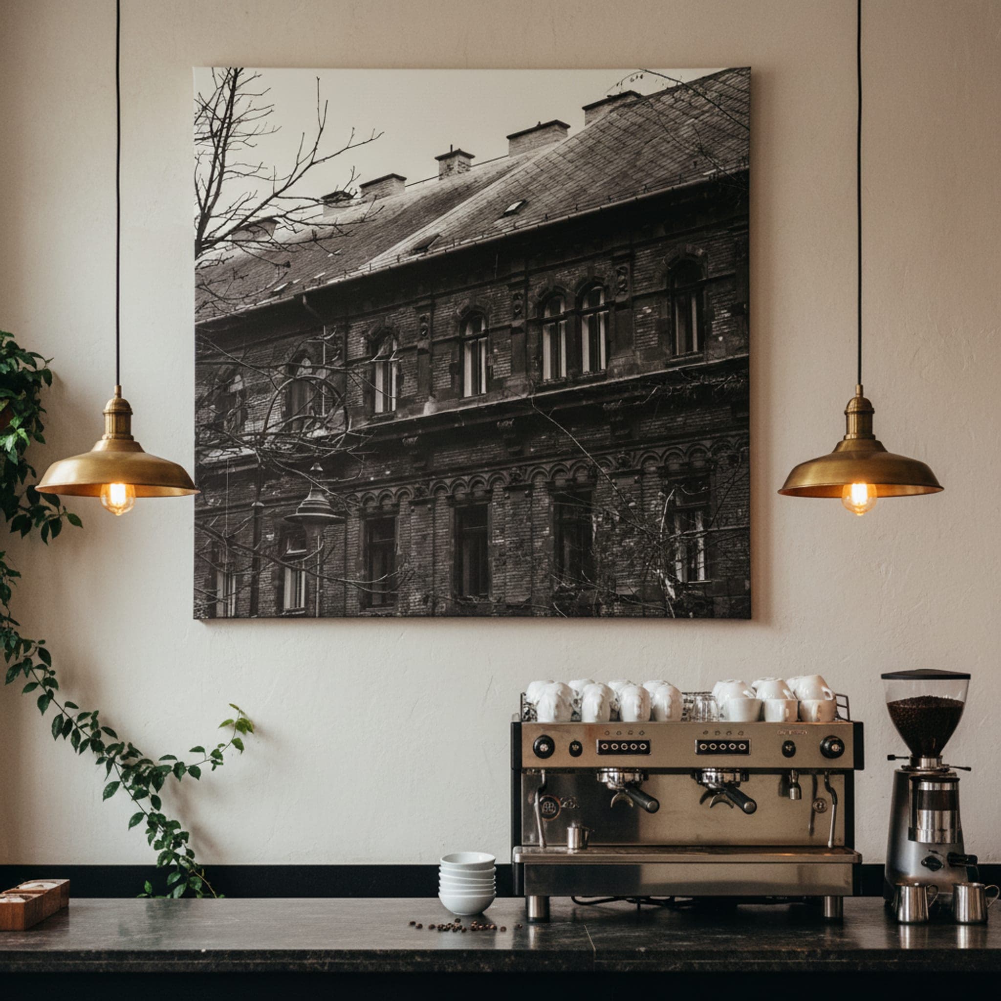 Budapest Facade Silhouette shown as a canvas print in a styled interior, view 2 of 3