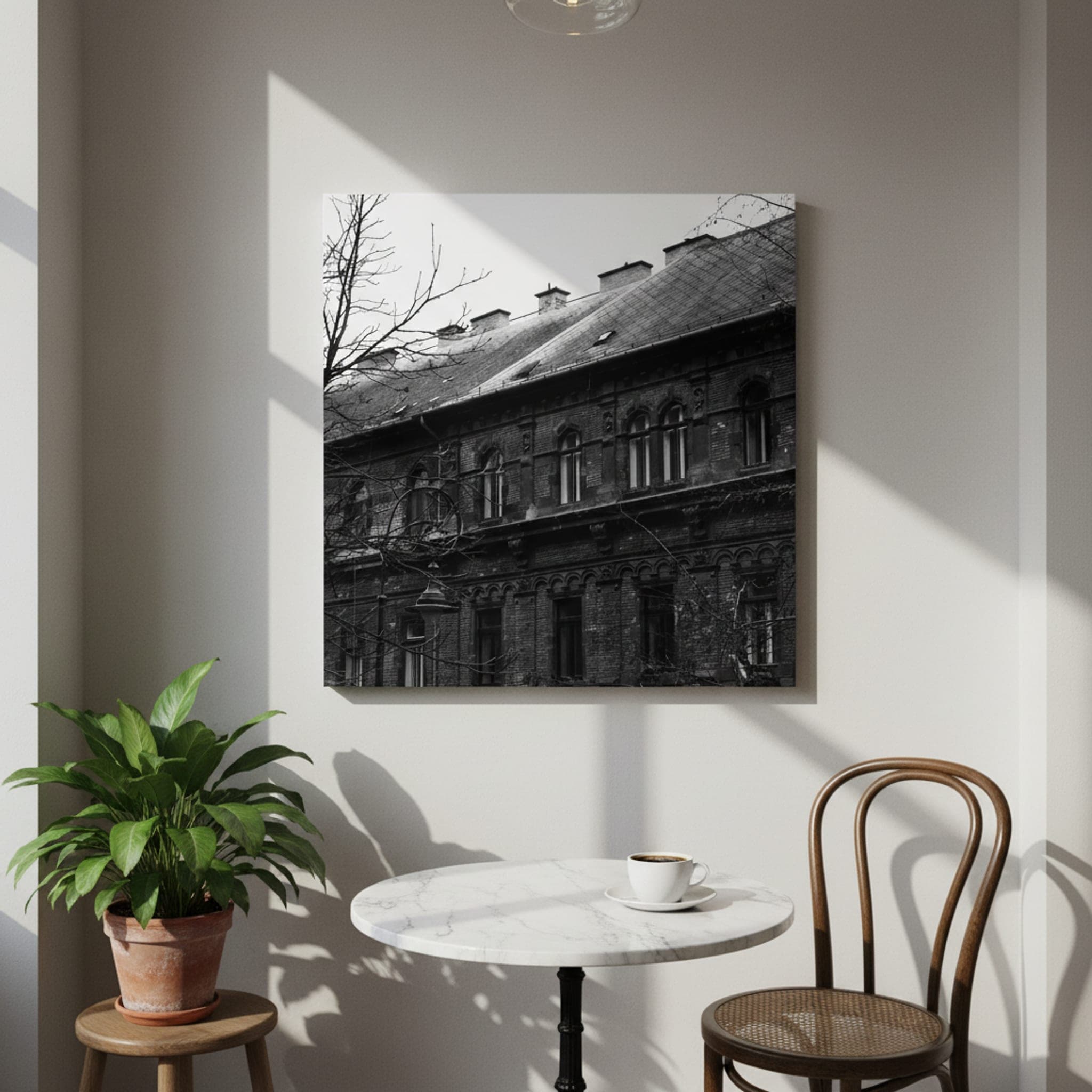 Budapest Facade Silhouette shown as a canvas print in a styled interior, view 1 of 3