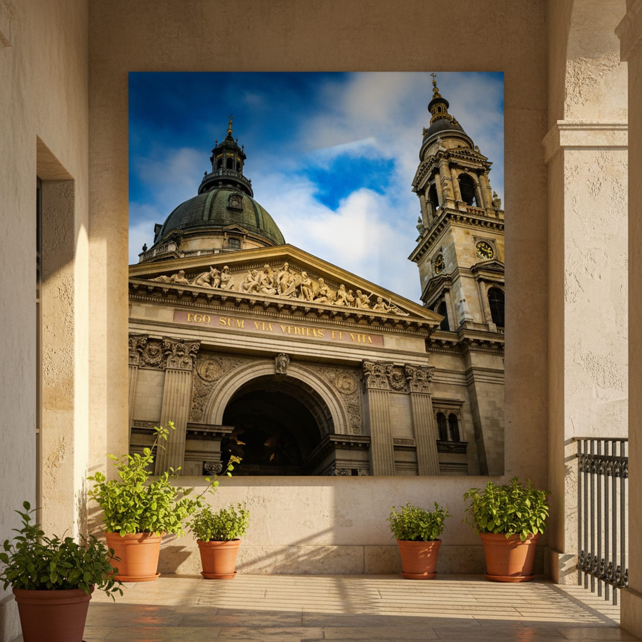 Budapest Basilica's Skyward Gaze shown as a canvas print in a styled interior, view 2 of 3