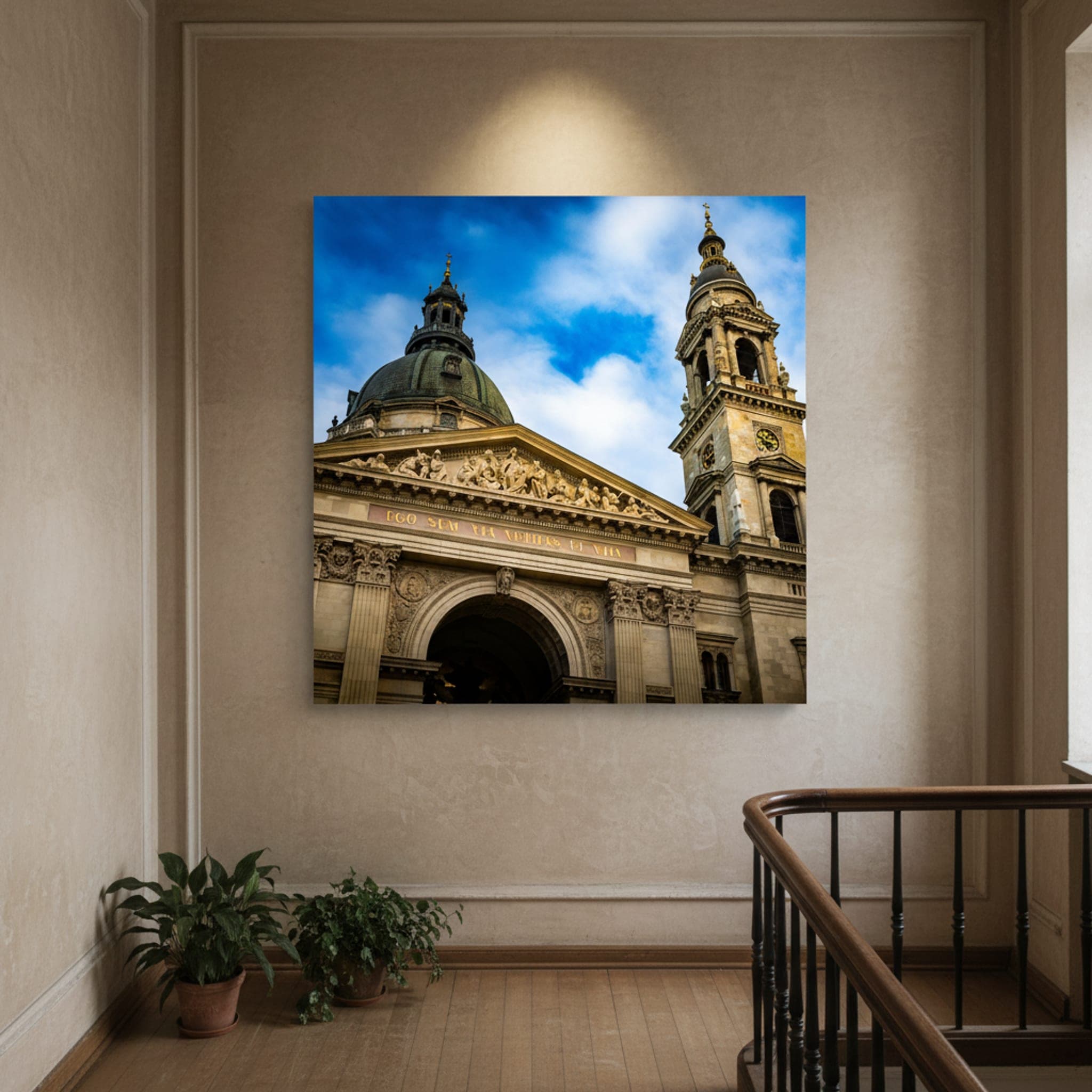 Budapest Basilica's Skyward Gaze shown as a canvas print in a styled interior, view 3 of 3