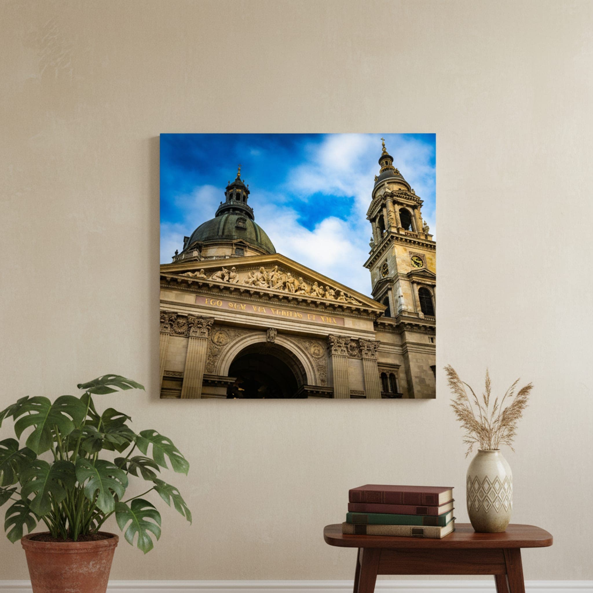 Budapest Basilica's Skyward Gaze shown as a canvas print in a styled interior, view 1 of 3