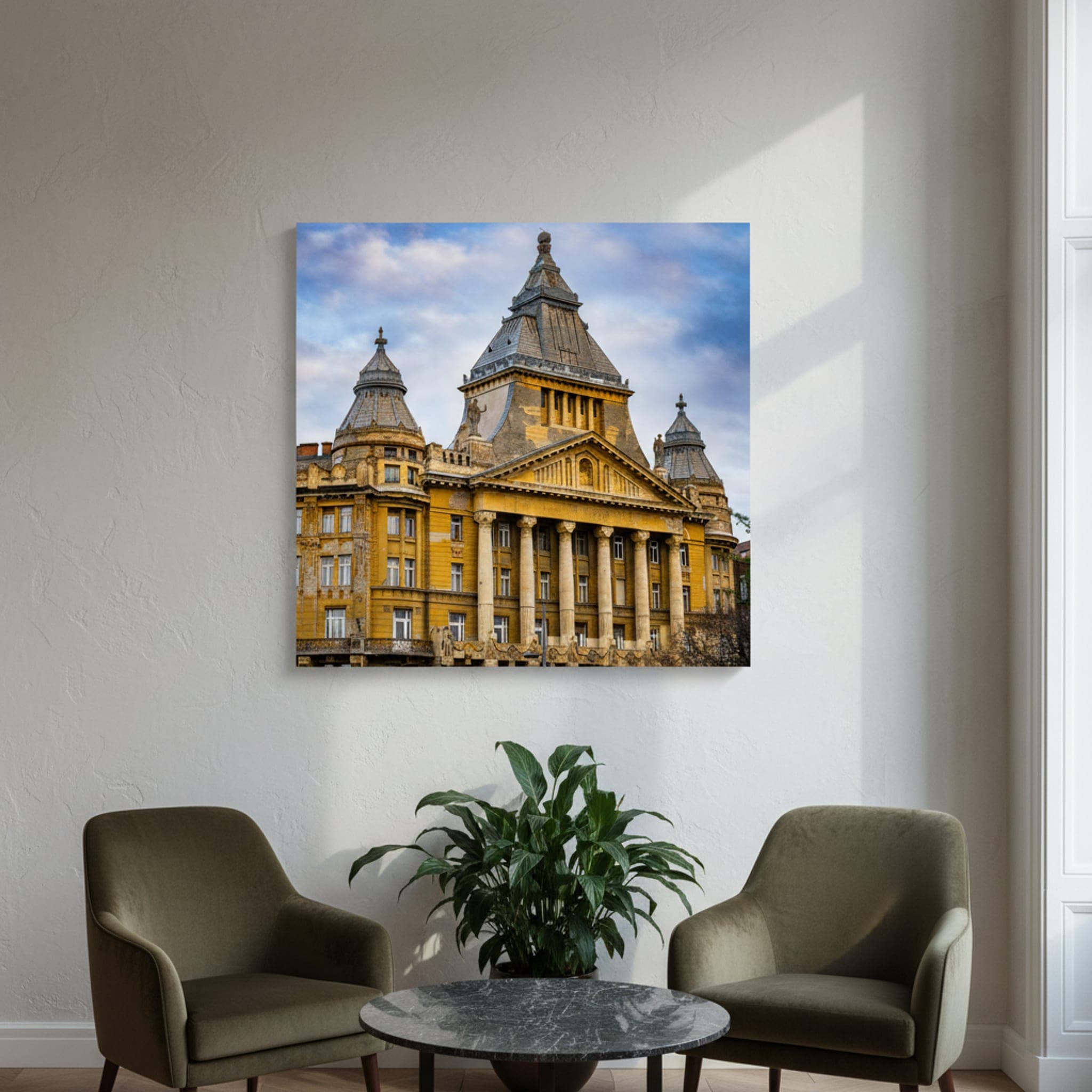 Budapest's Golden Grandeur shown as a canvas print in a styled interior, view 1 of 3
