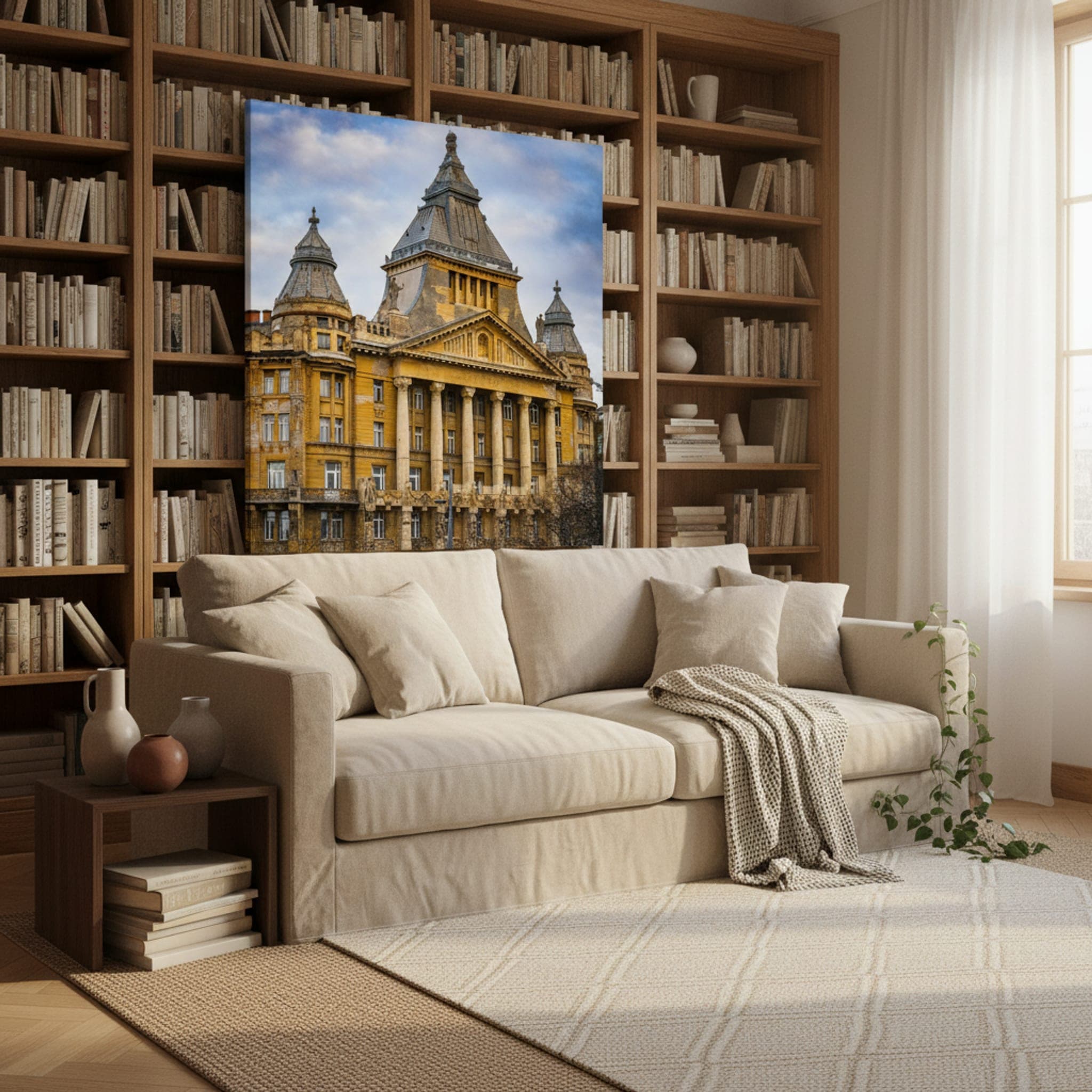 Budapest's Golden Grandeur shown as a canvas print in a styled interior, view 3 of 3