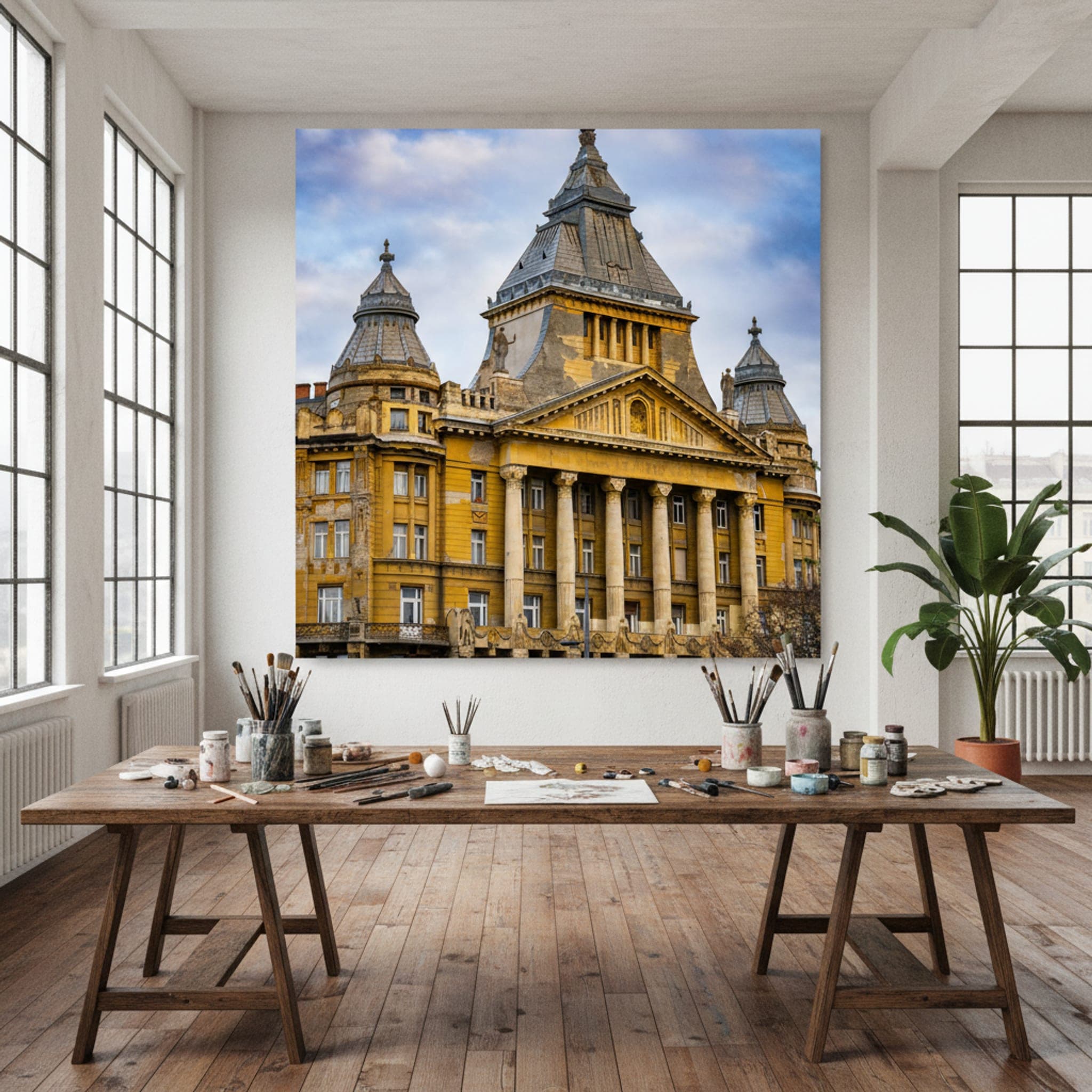 Budapest's Golden Grandeur shown as a canvas print in a styled interior, view 2 of 3