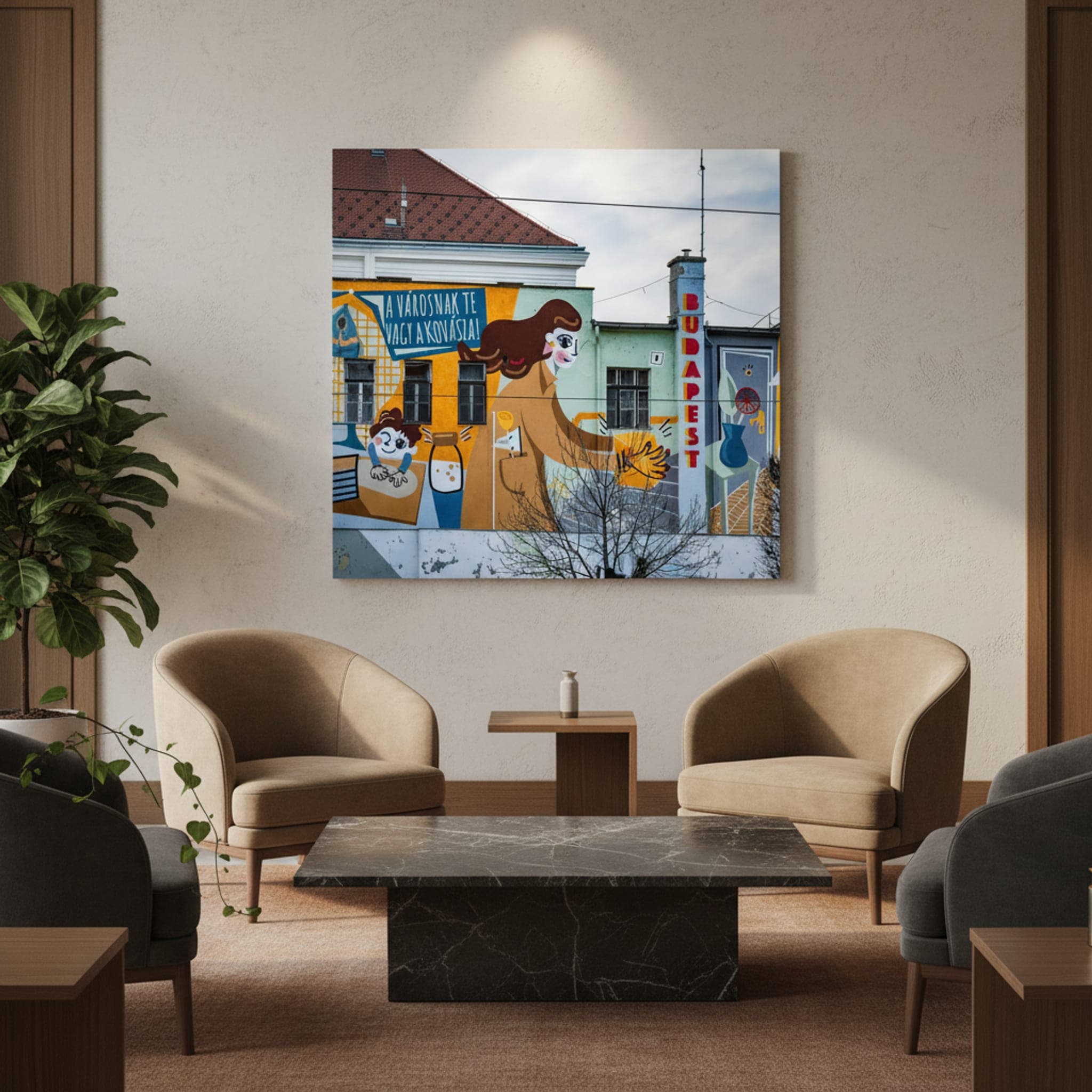 Budapest's Joyful Wall shown as a canvas print in a styled interior, view 2 of 3