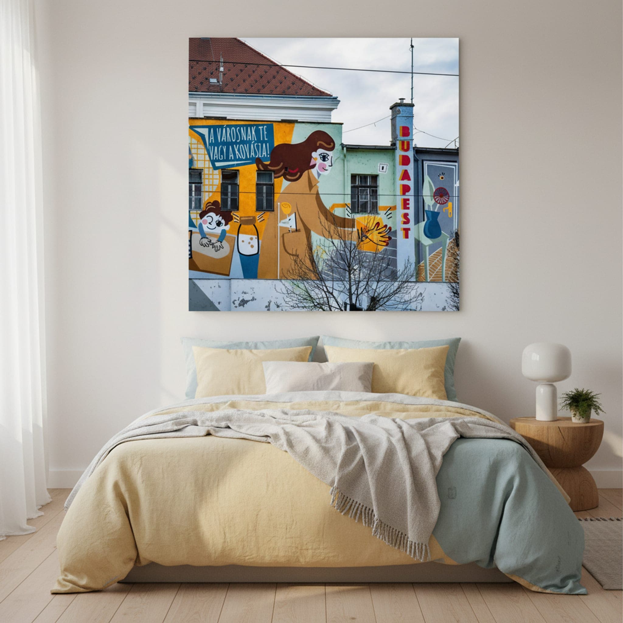 Budapest's Joyful Wall shown as a canvas print in a styled interior, view 1 of 3