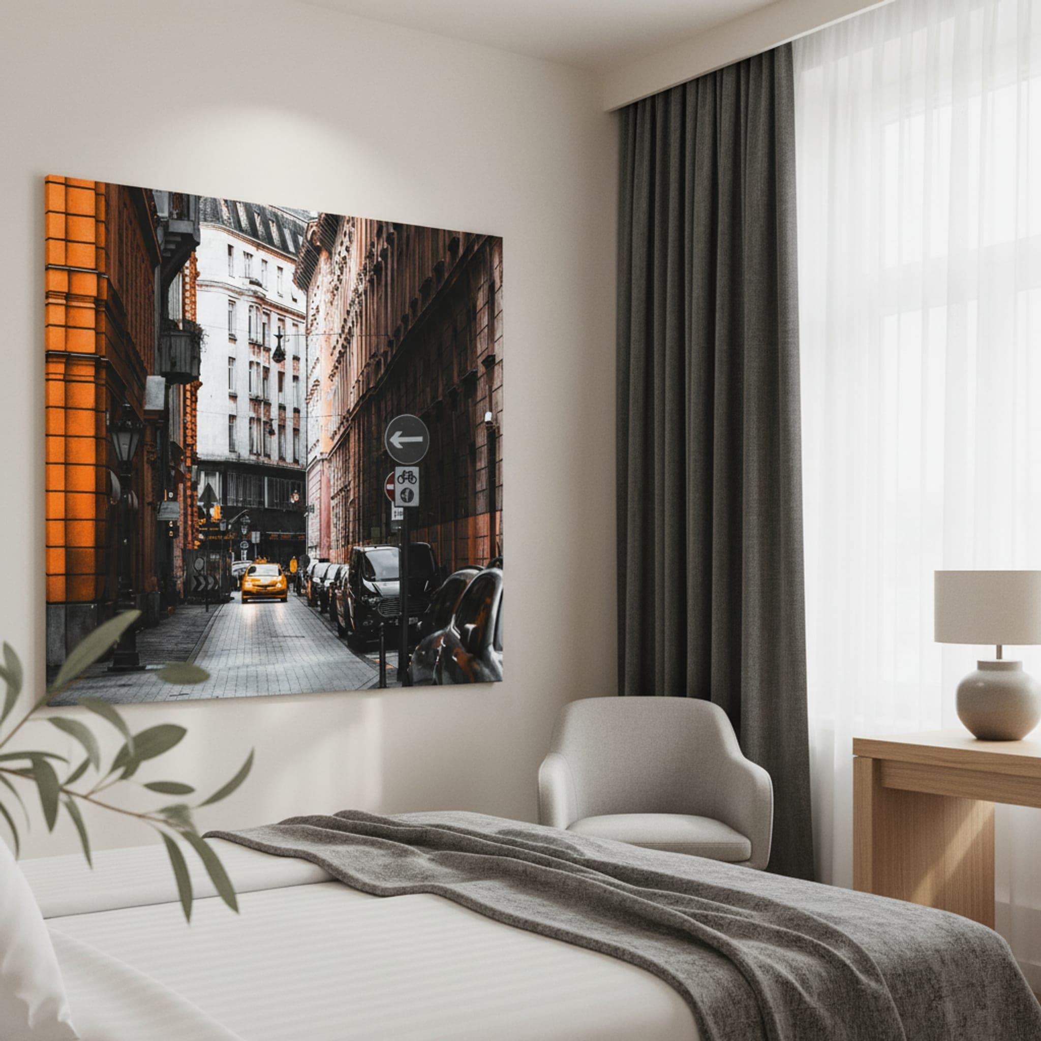 Budapest Taxi Glow shown as a canvas print in a styled interior, view 2 of 3