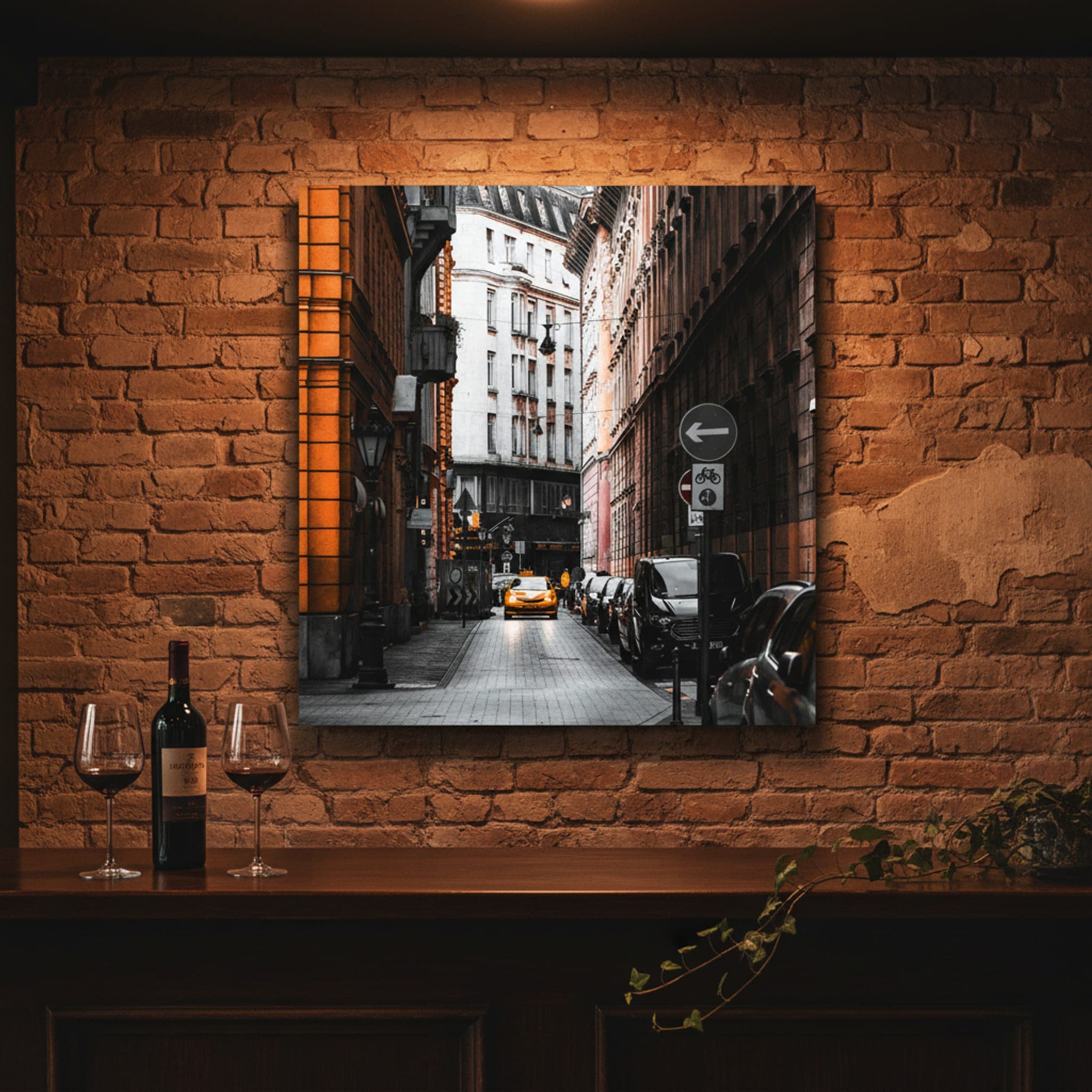 Budapest Taxi Glow shown as a canvas print in a styled interior, view 1 of 3