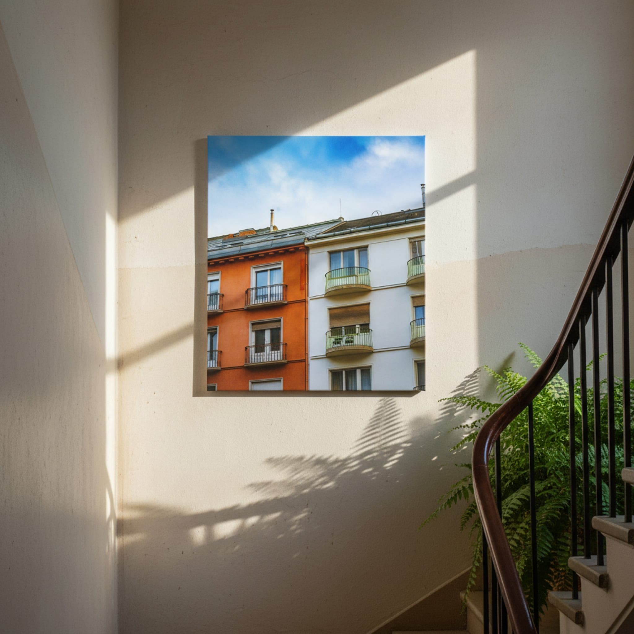 Budapest Balconies Skyward shown as a canvas print in a styled interior, view 3 of 3