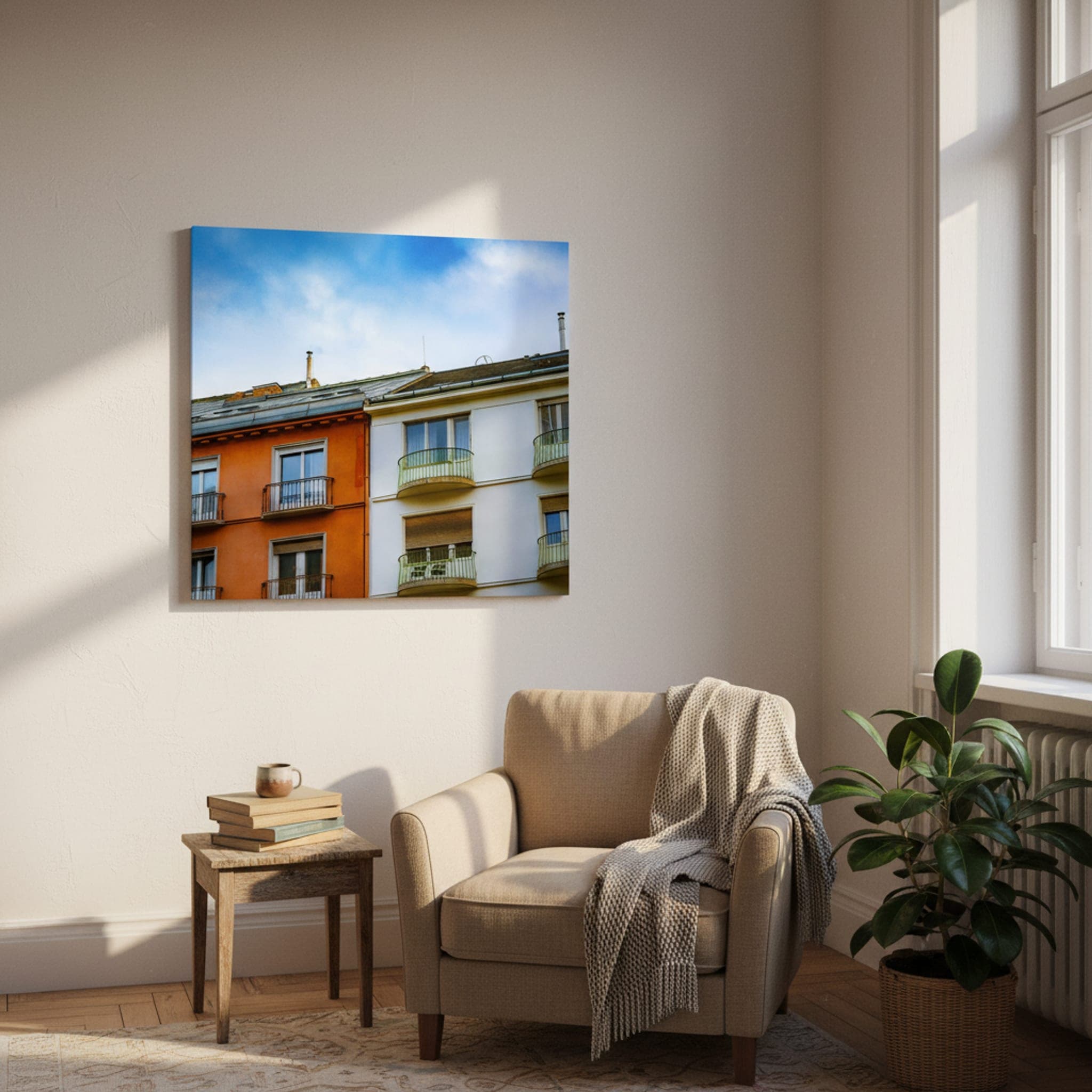 Budapest Balconies Skyward shown as a canvas print in a styled interior, view 1 of 3