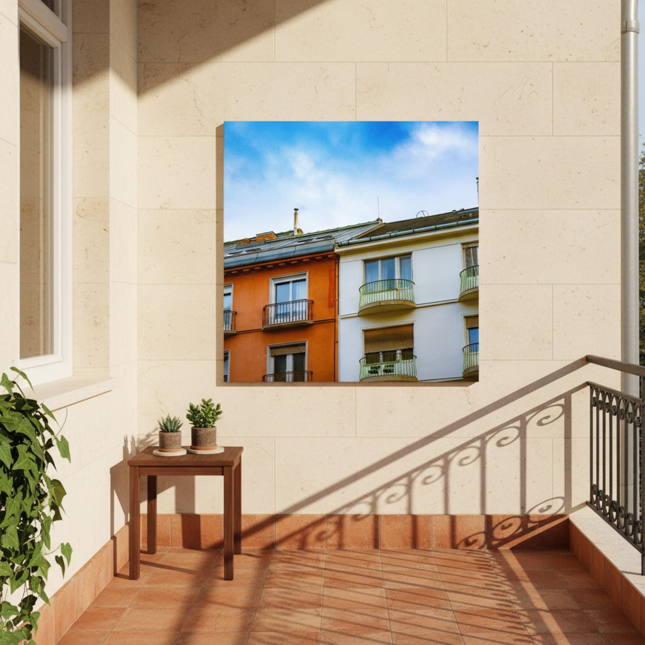 Budapest Balconies Skyward shown as a canvas print in a styled interior, view 2 of 3