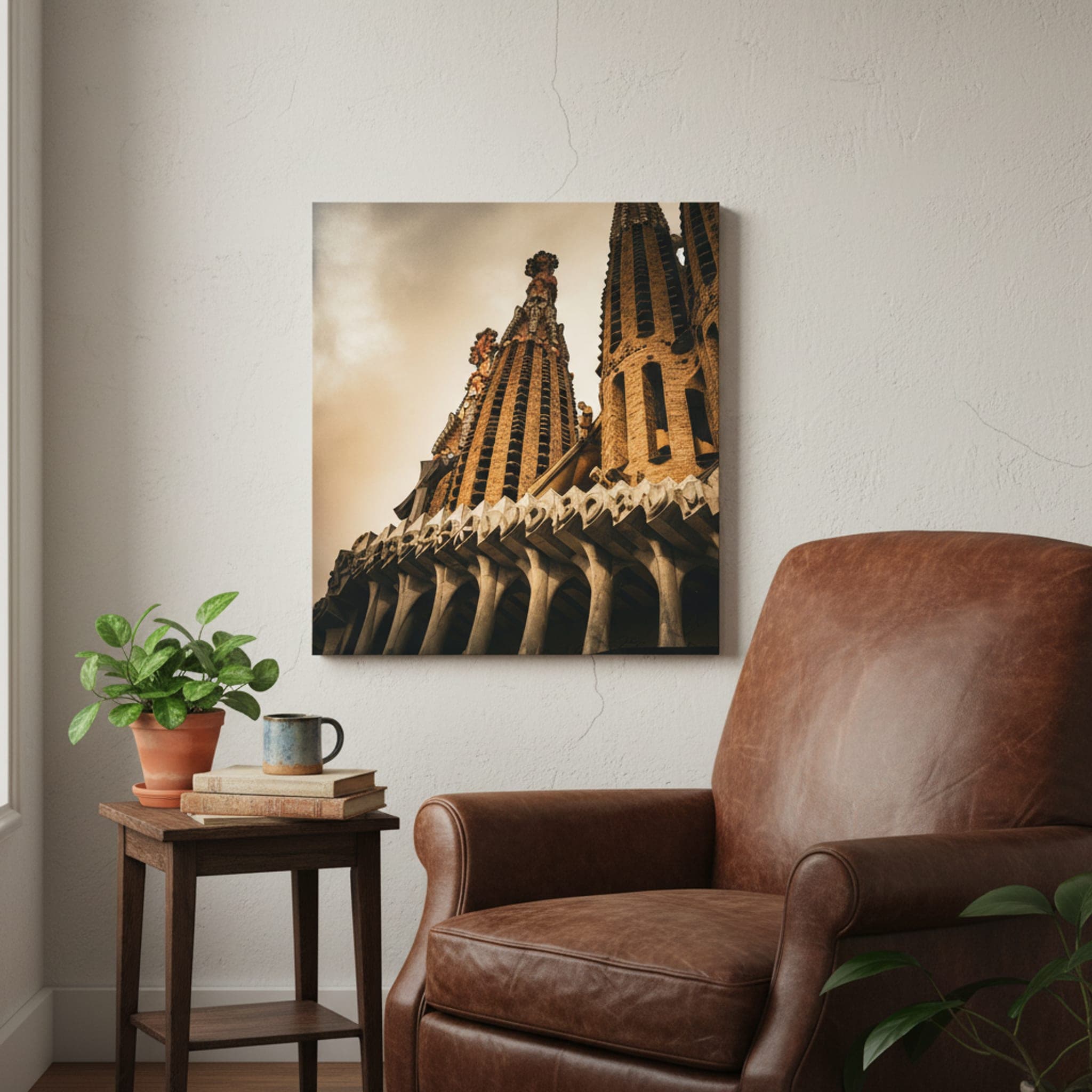 Gaudí's Ascending Dream shown as a canvas print in a styled interior, view 1 of 3