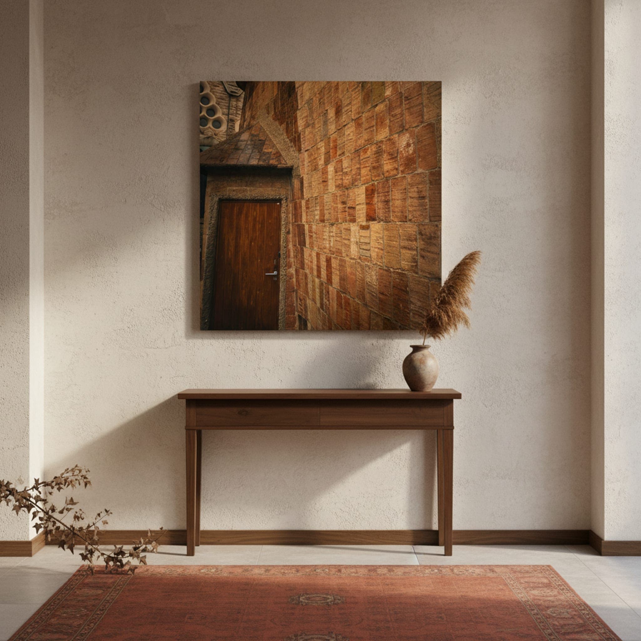 Sagrada Família Doorway shown as a canvas print in a styled interior, view 1 of 3