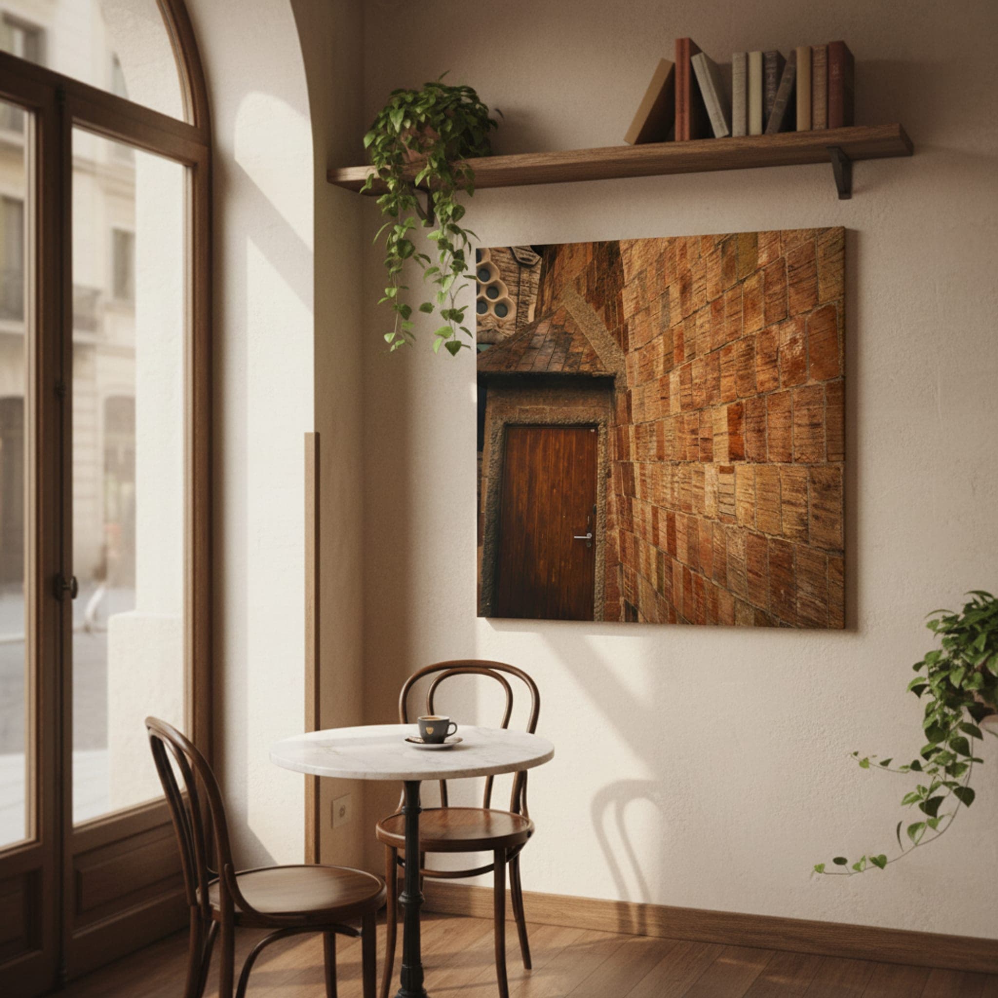 Sagrada Família Doorway shown as a canvas print in a styled interior, view 2 of 3