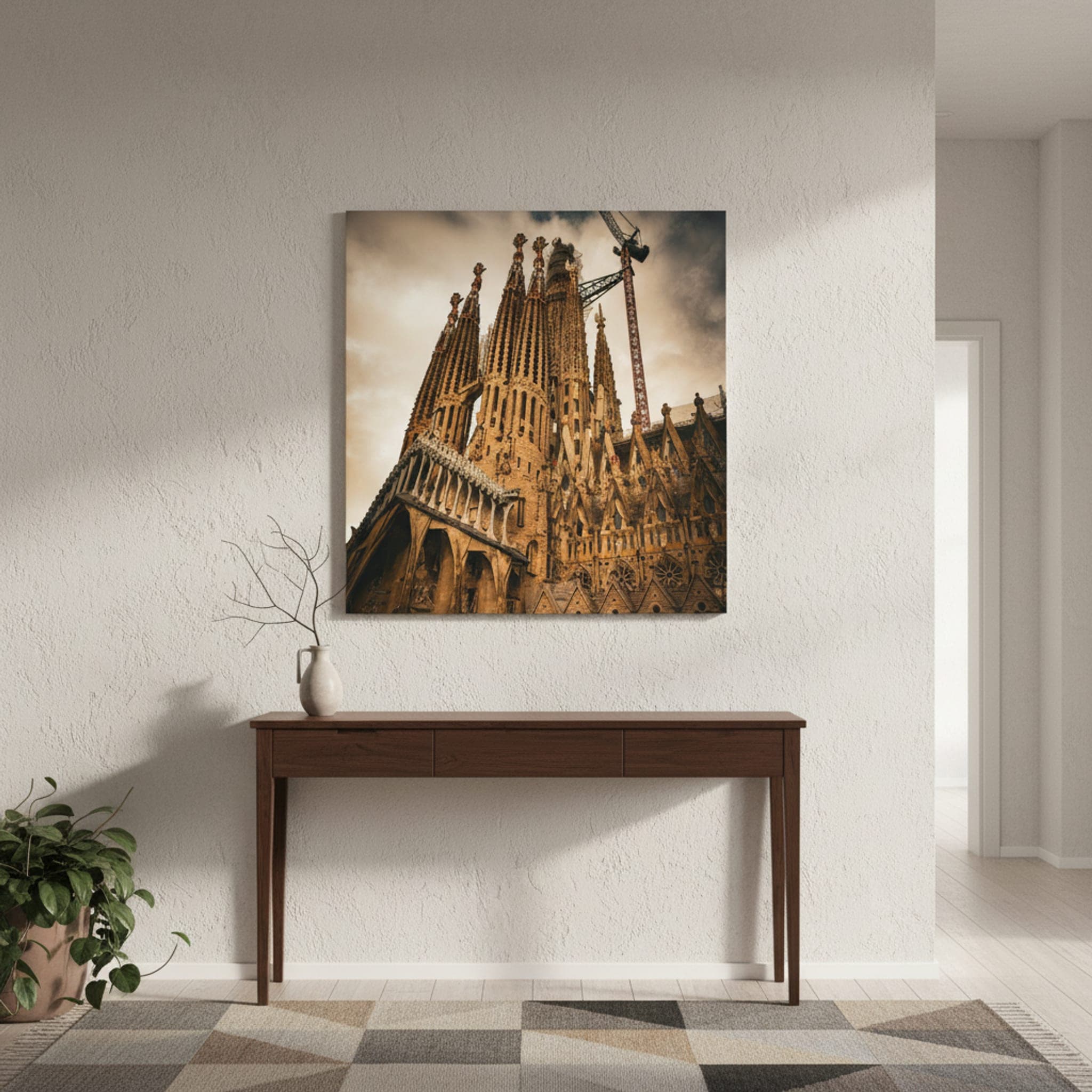 Sagrada Familia's Ascending Spires shown as a canvas print in a styled interior, view 1 of 3