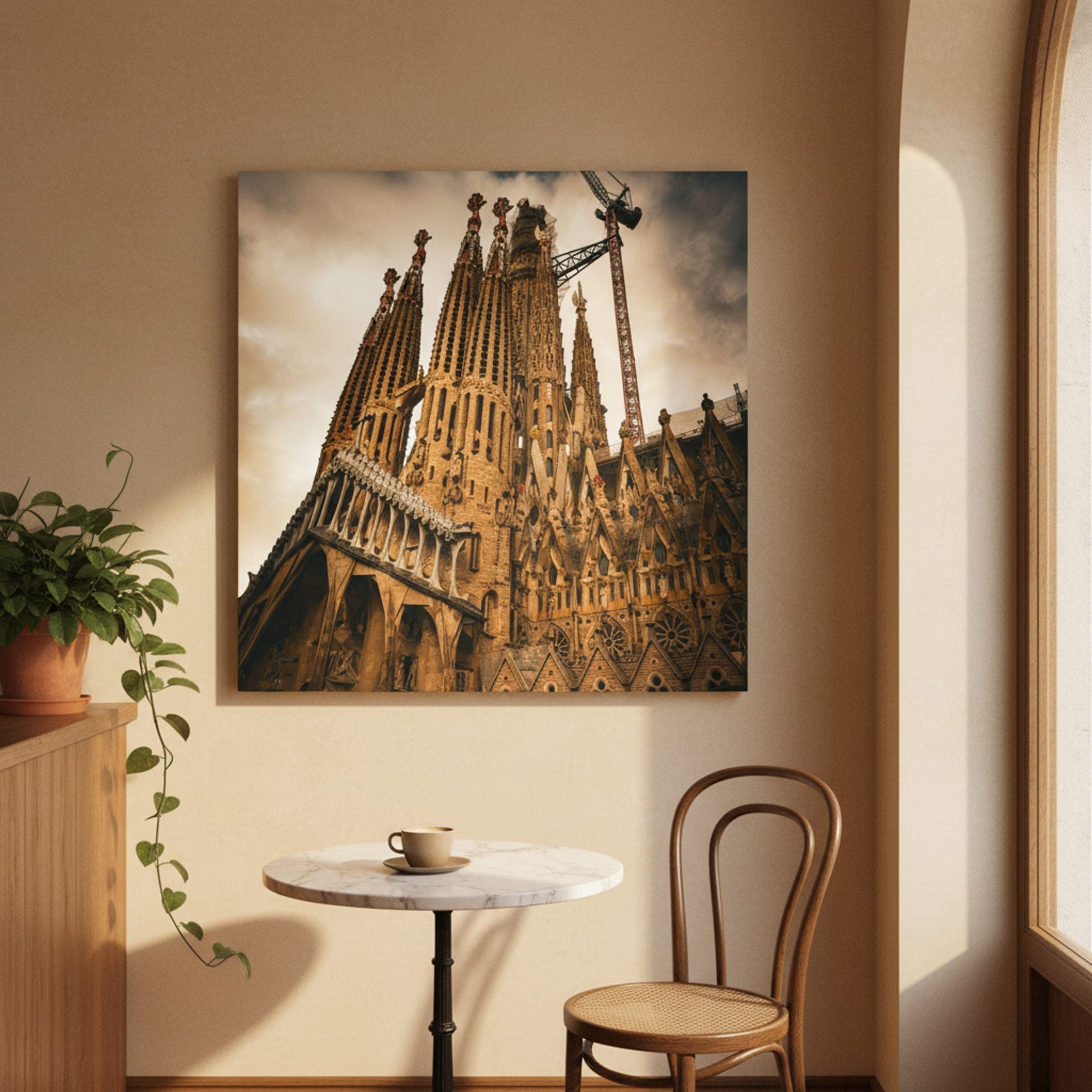 Sagrada Familia's Ascending Spires shown as a canvas print in a styled interior, view 2 of 3