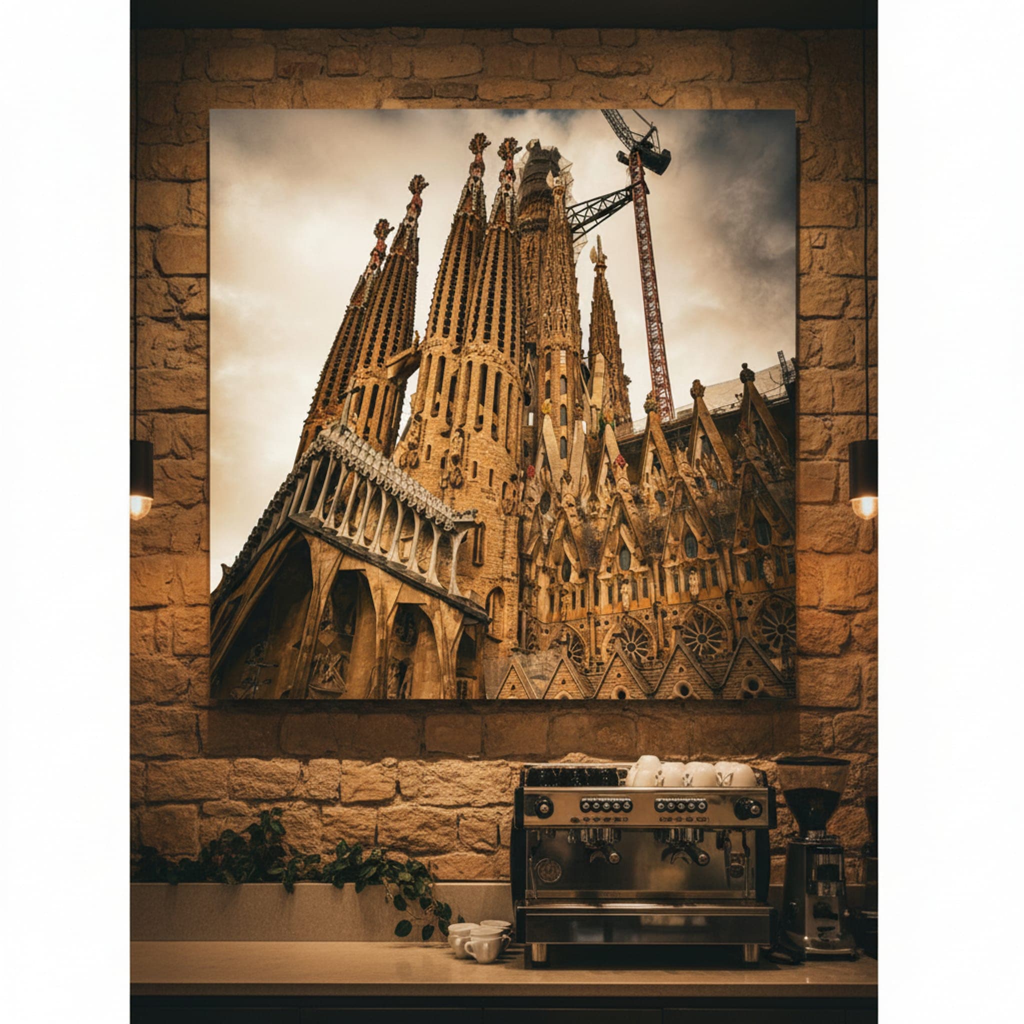 Sagrada Familia's Ascending Spires shown as a canvas print in a styled interior, view 3 of 3