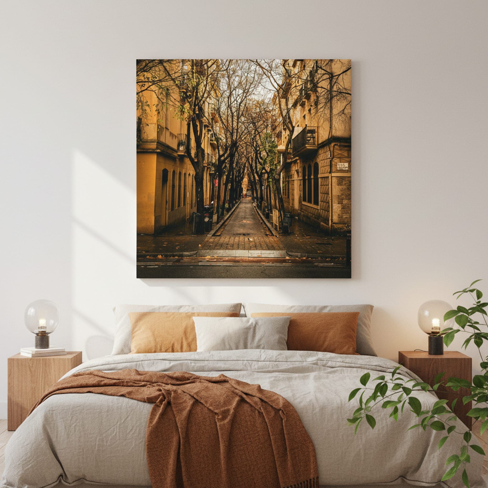Barcelona's Autumnal Calm shown as a canvas print in a styled interior, view 1 of 3