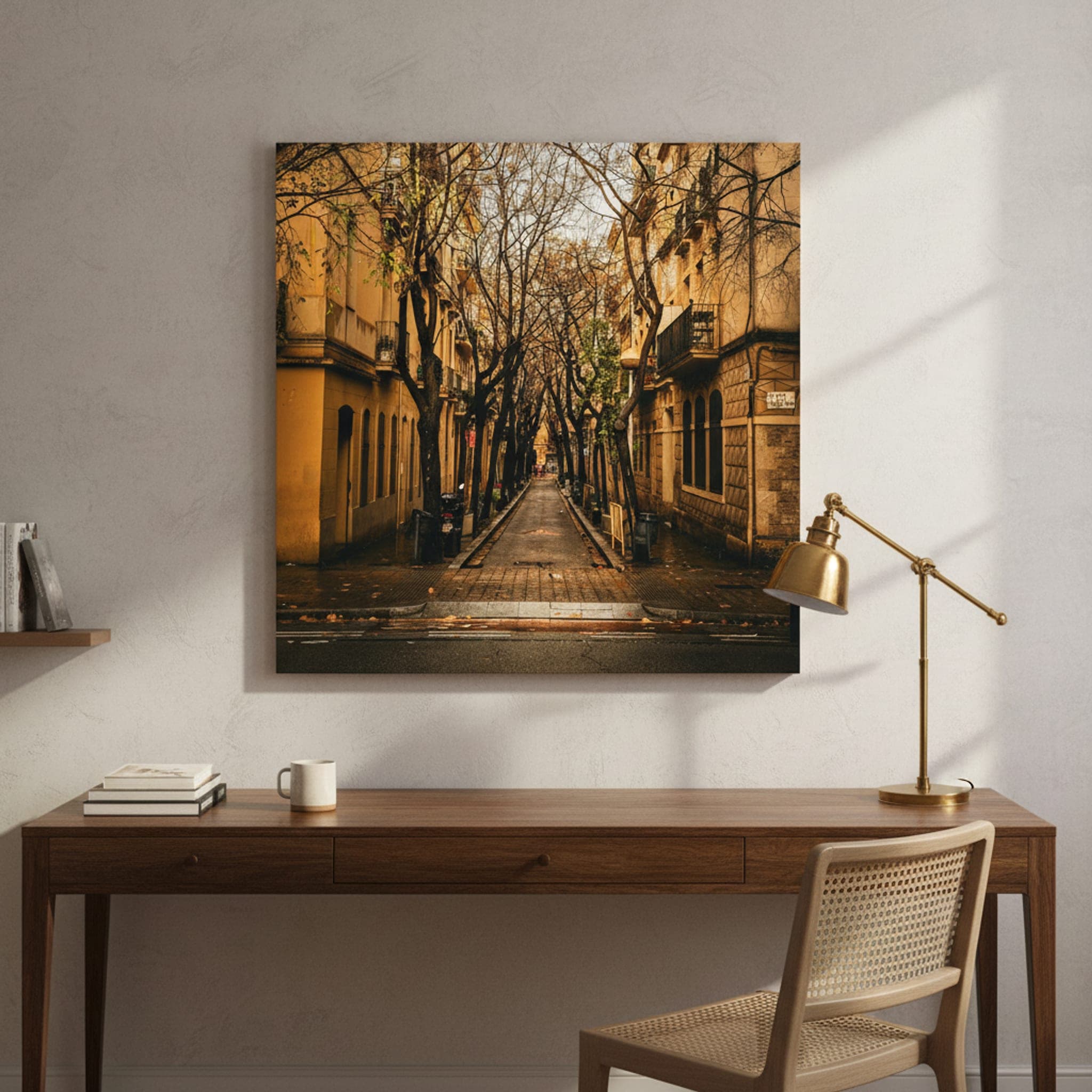 Barcelona's Autumnal Calm shown as a canvas print in a styled interior, view 3 of 3