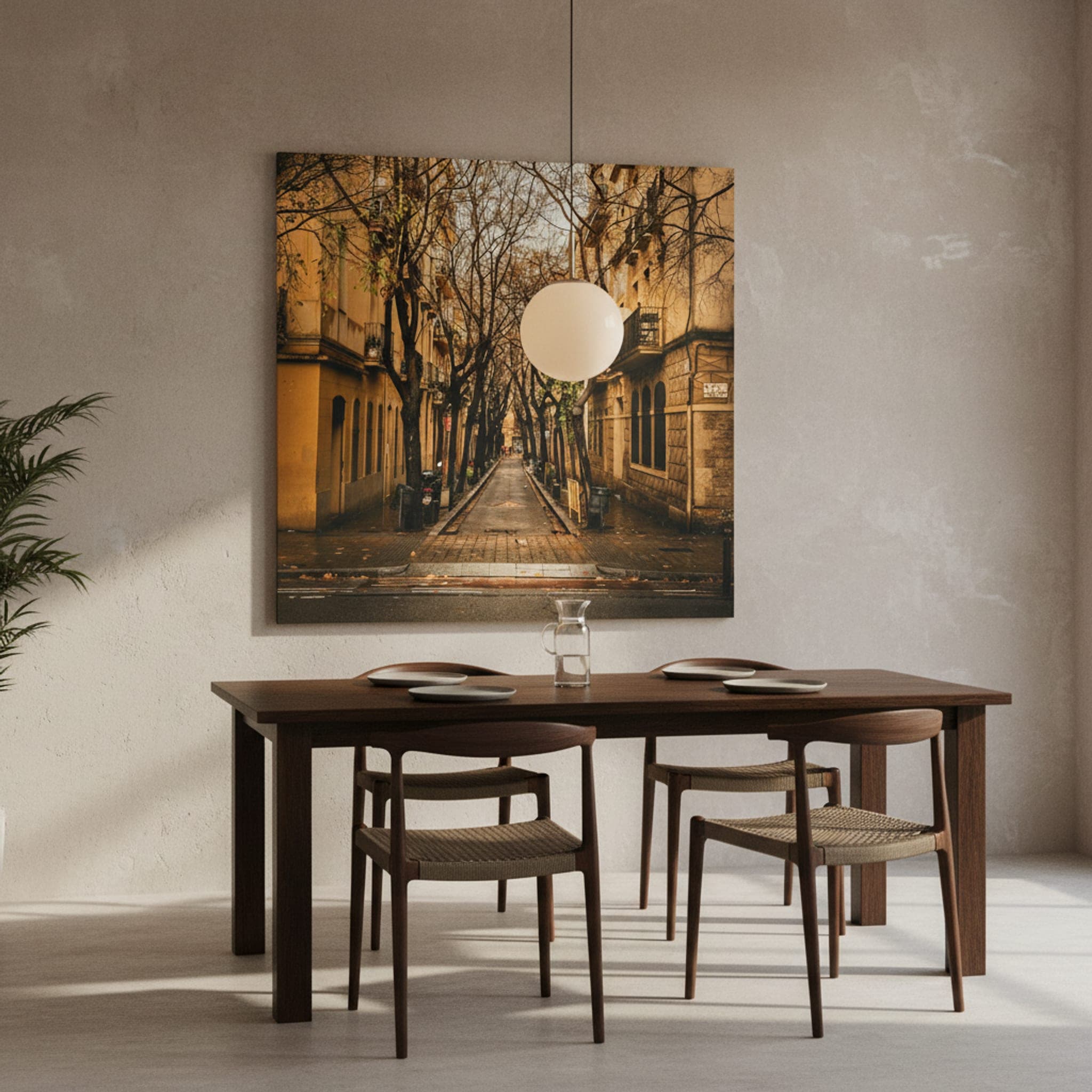 Barcelona's Autumnal Calm shown as a canvas print in a styled interior, view 2 of 3