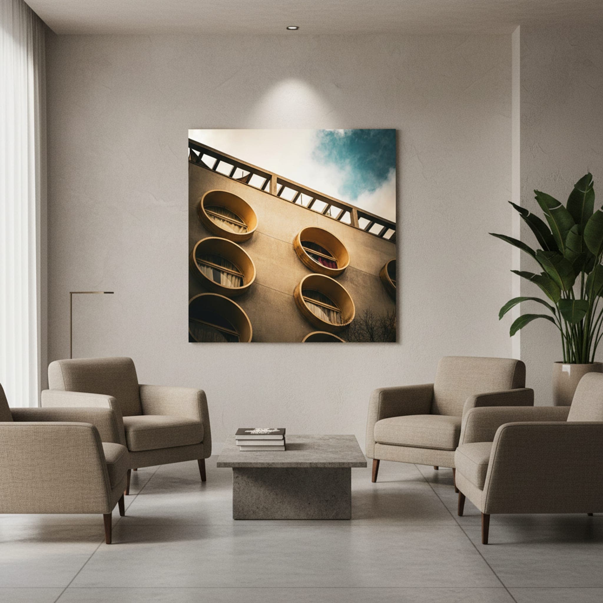 Barcelona's Ocular Facade shown as a canvas print in a styled interior, view 3 of 3