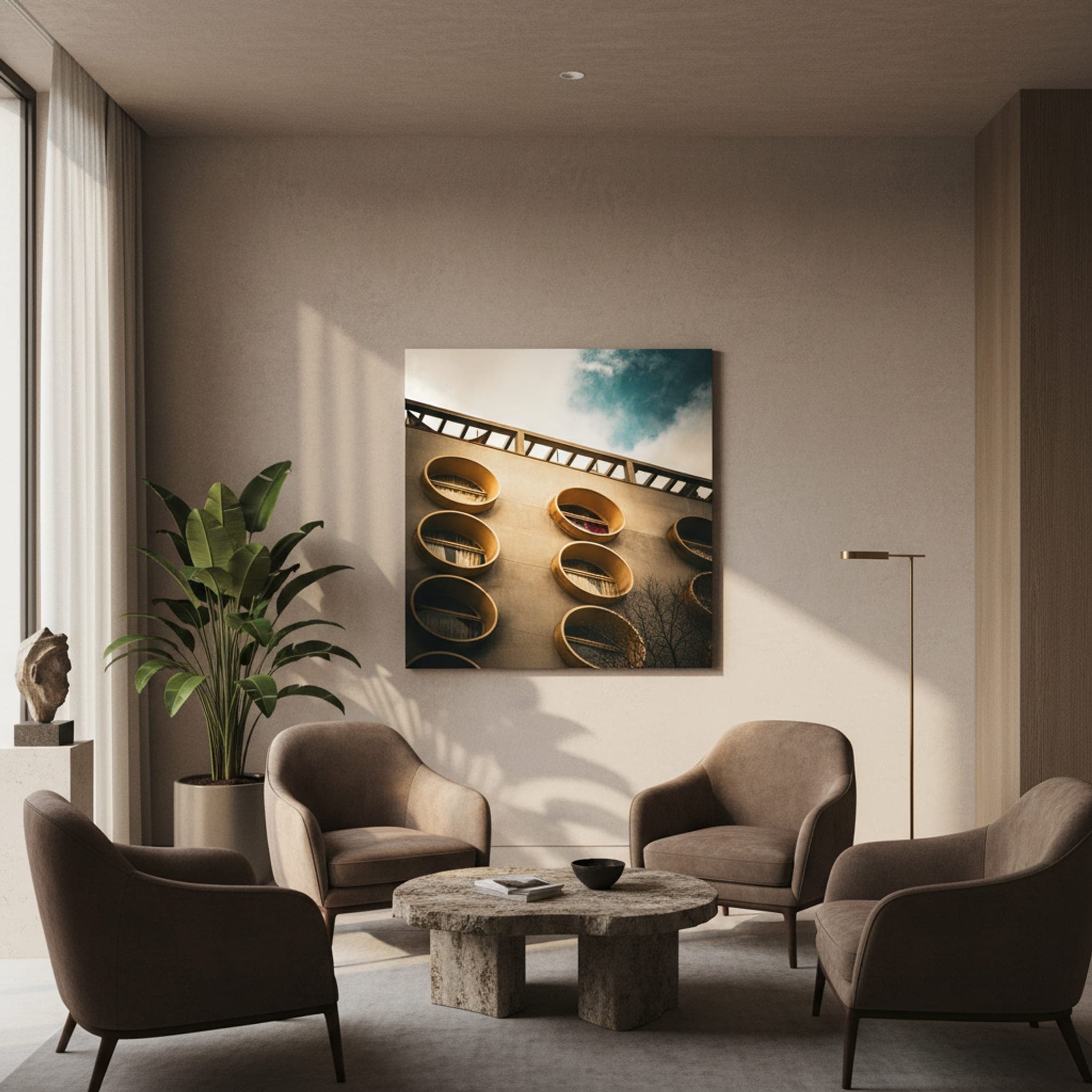 Barcelona's Ocular Facade shown as a canvas print in a styled interior, view 2 of 3