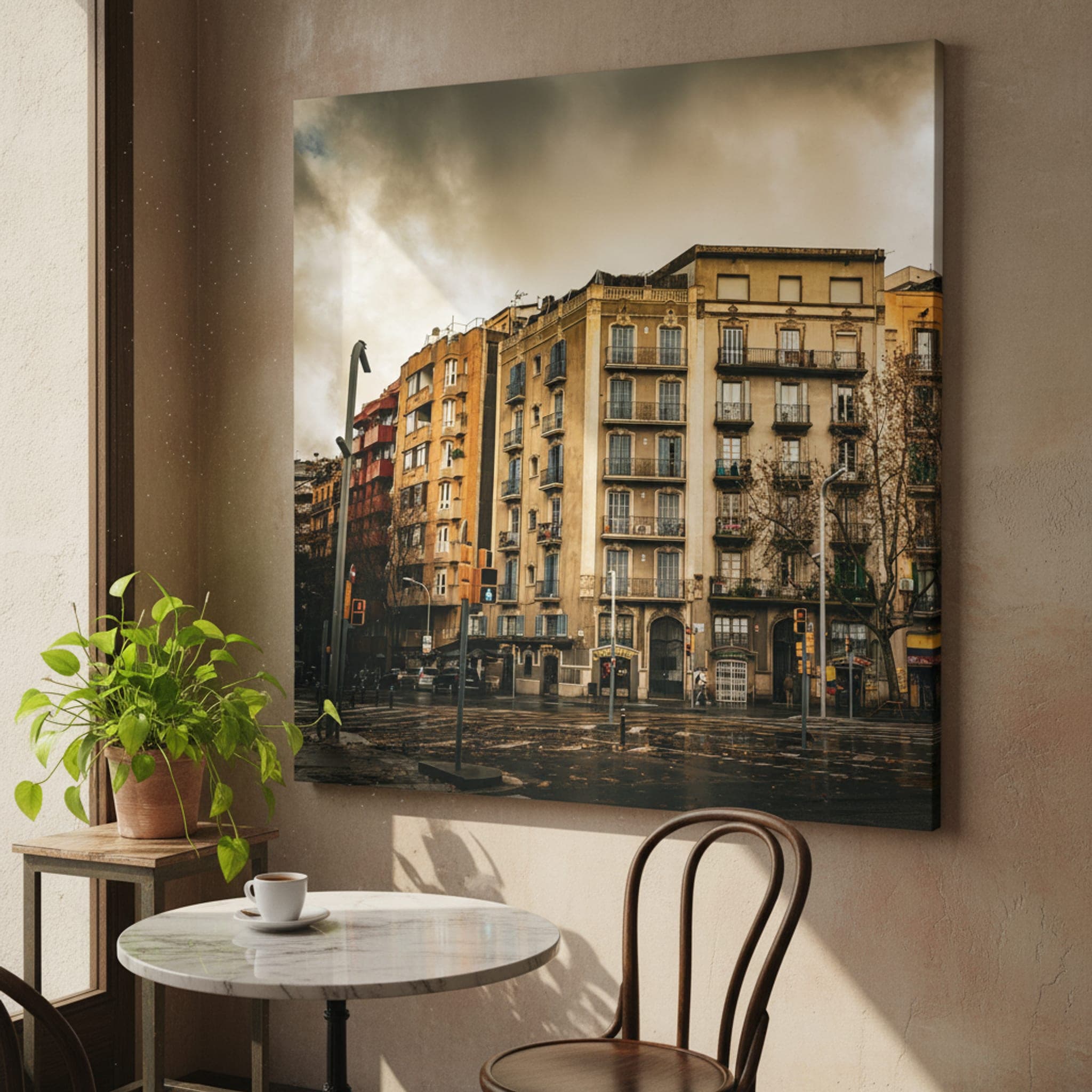 Barcelona's Brooding Balconies shown as a canvas print in a styled interior, view 1 of 3