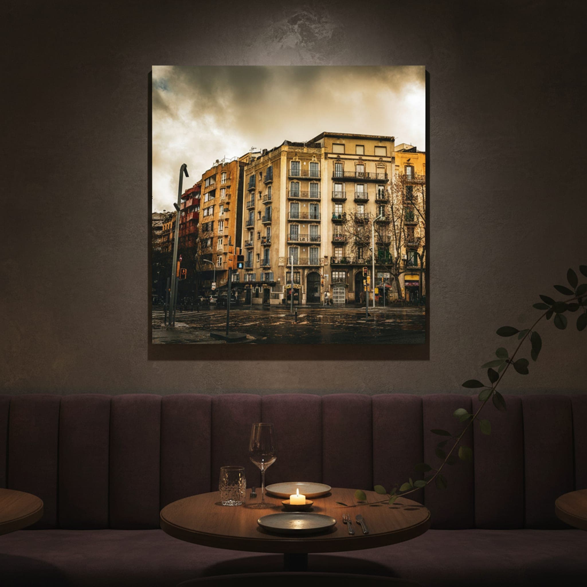 Barcelona's Brooding Balconies shown as a canvas print in a styled interior, view 3 of 3
