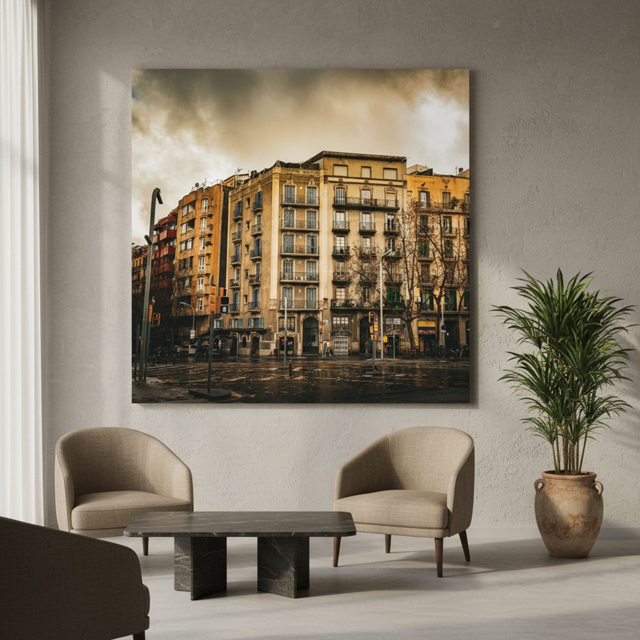 Barcelona's Moody Facades shown as a canvas print in a styled interior, view 3 of 3