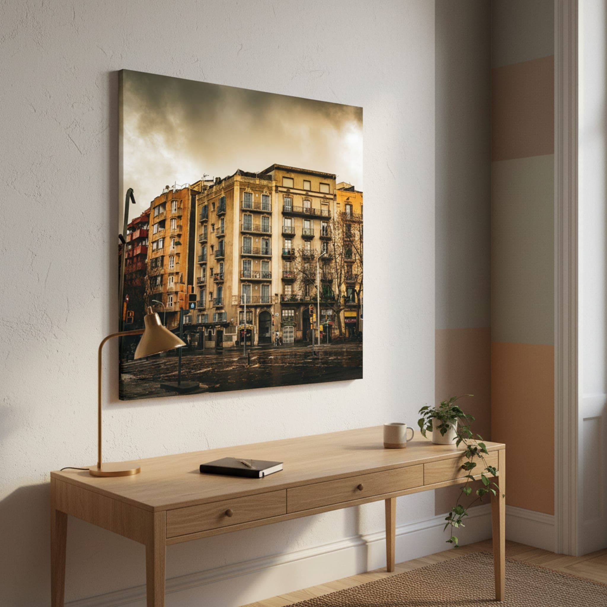 Barcelona's Moody Facades shown as a canvas print in a styled interior, view 2 of 3