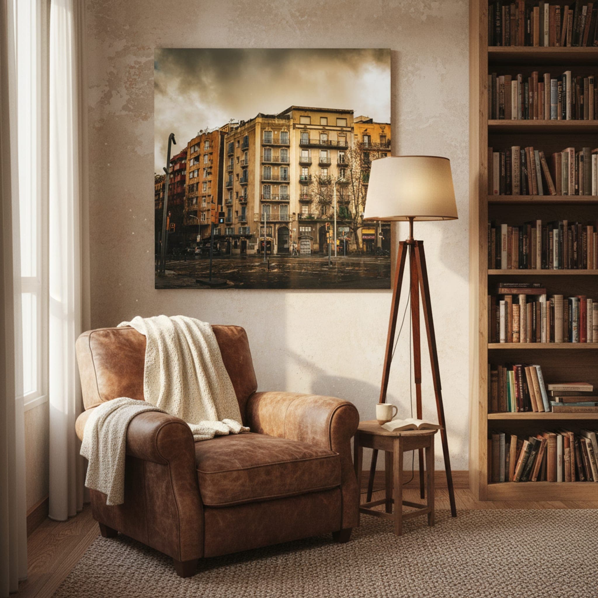 Barcelona's Moody Facades shown as a canvas print in a styled interior, view 1 of 3