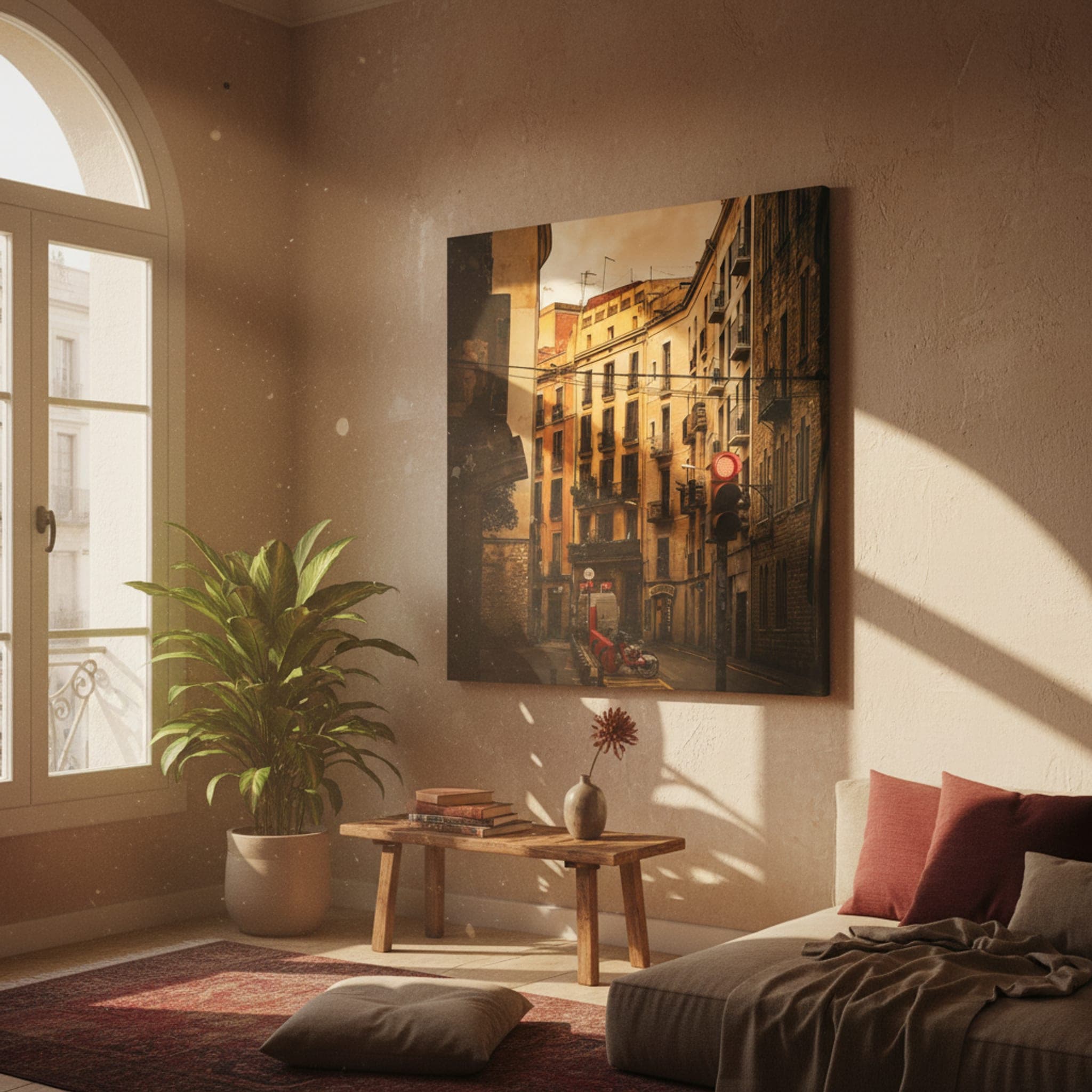 Gothic Echoes of Barcelona shown as a canvas print in a styled interior, view 1 of 3