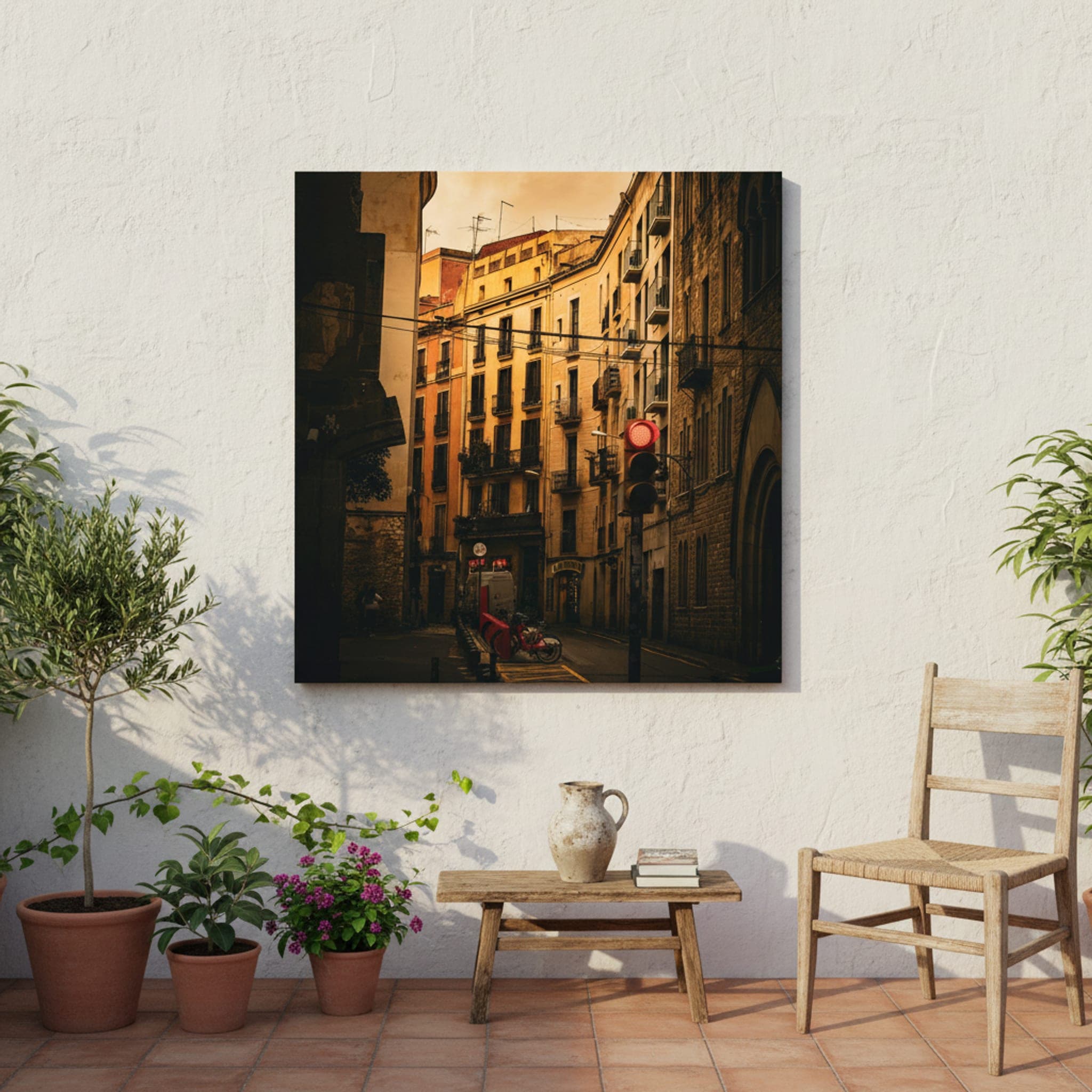 Gothic Echoes of Barcelona shown as a canvas print in a styled interior, view 2 of 3