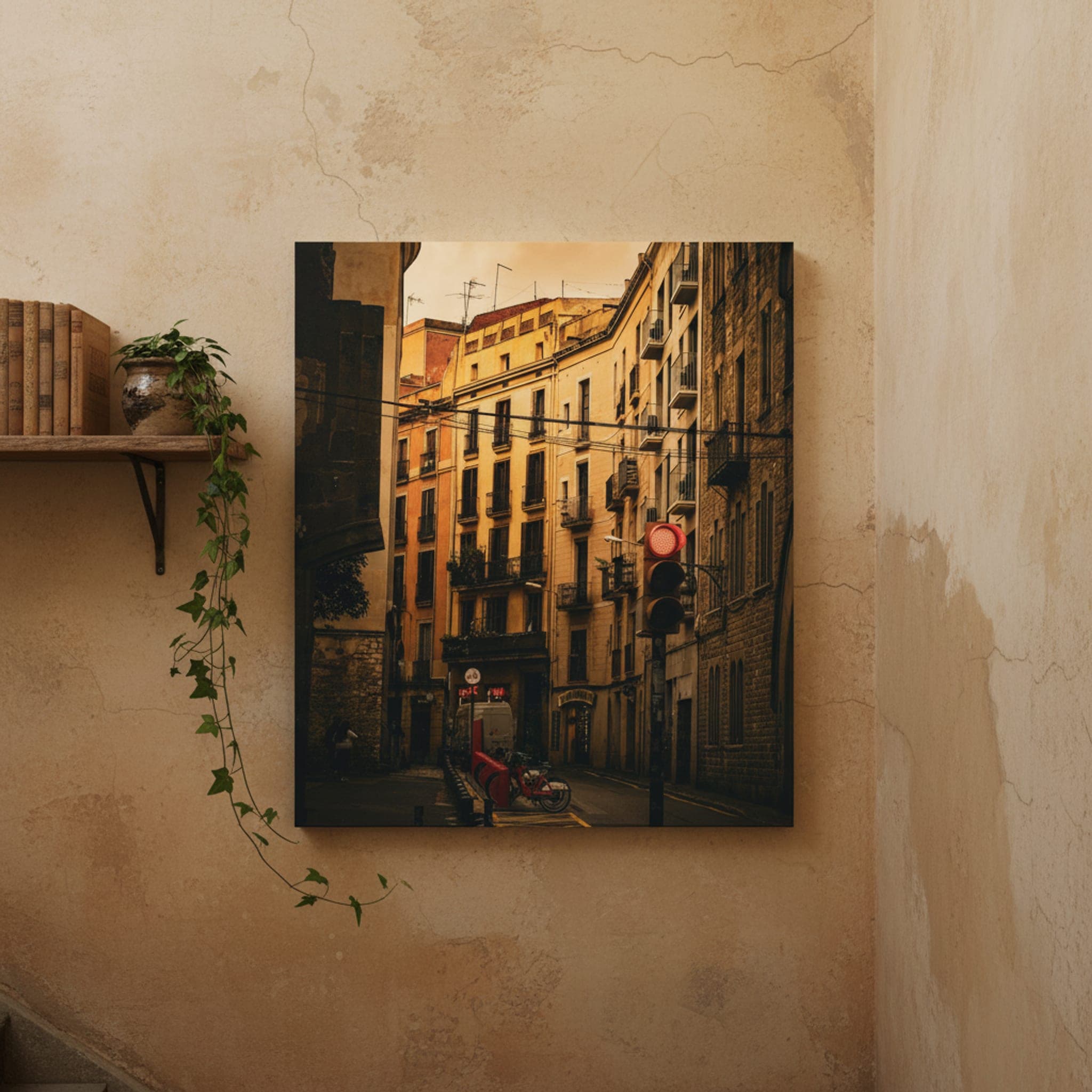 Gothic Echoes of Barcelona shown as a canvas print in a styled interior, view 3 of 3