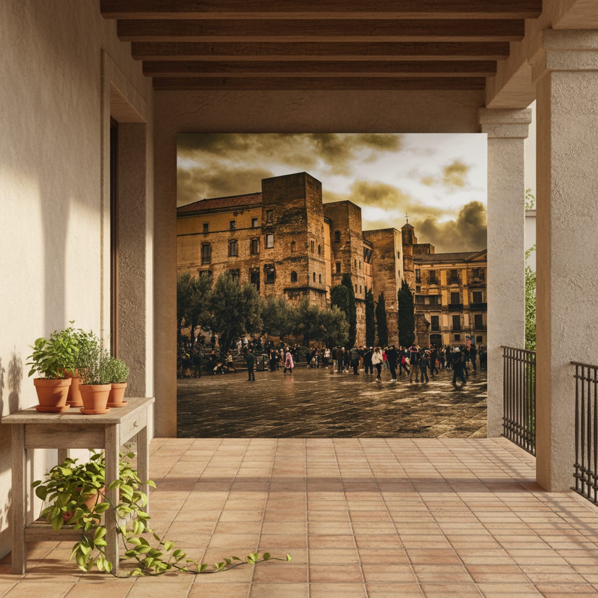 Gothic Plaza Reflections shown as a canvas print in a styled interior, view 2 of 3