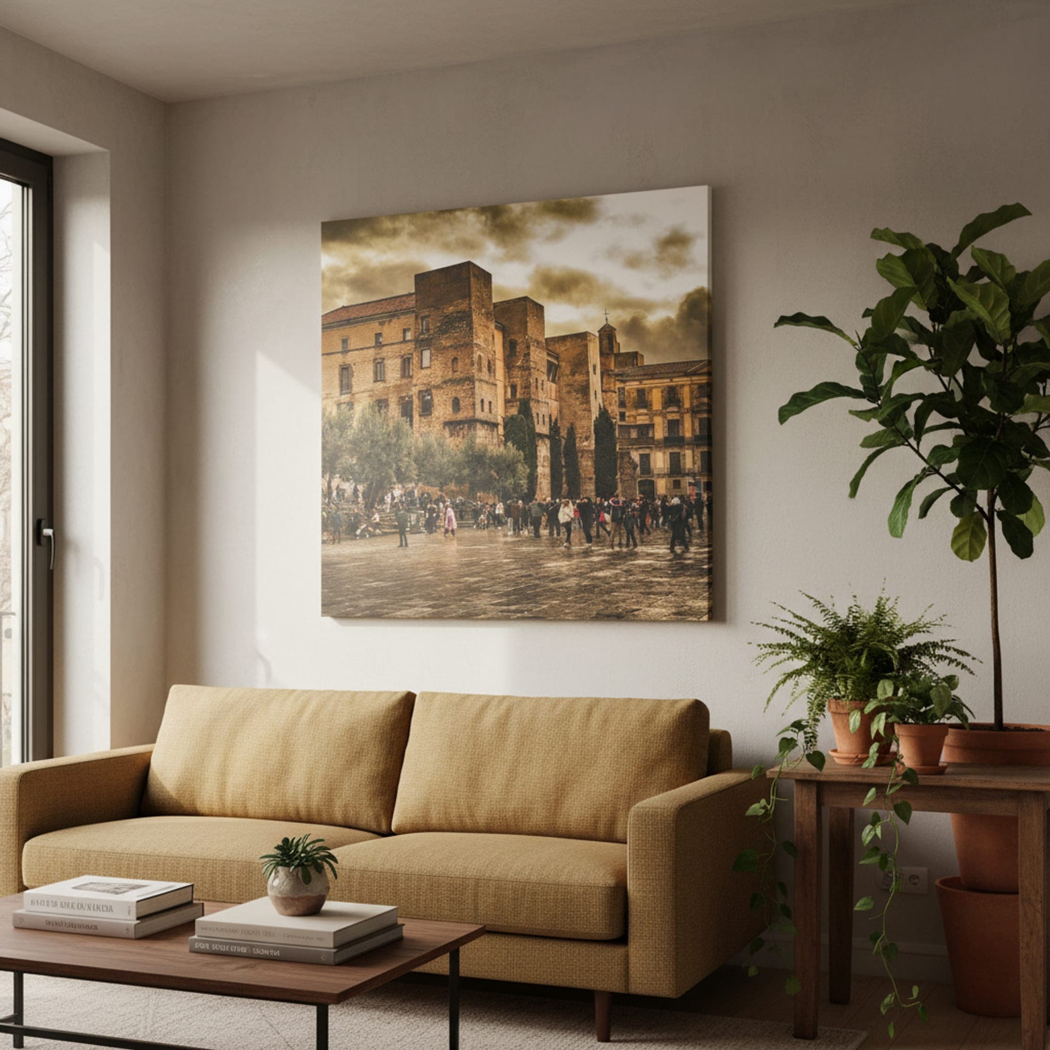 Gothic Plaza Reflections shown as a canvas print in a styled interior, view 1 of 3