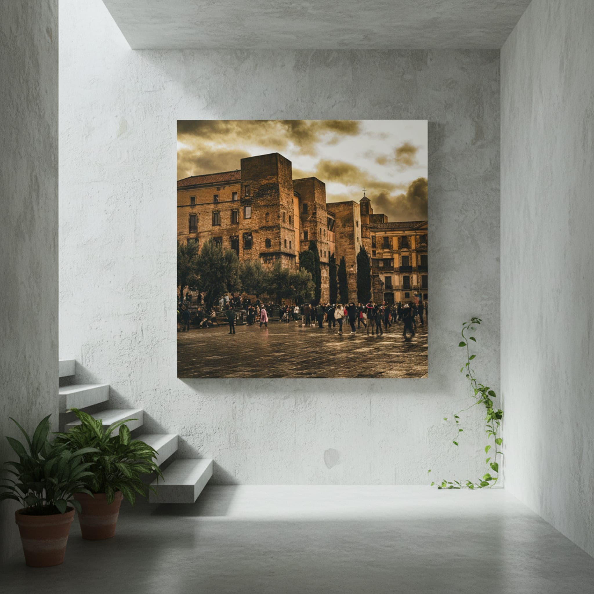 Gothic Plaza Reflections shown as a canvas print in a styled interior, view 3 of 3