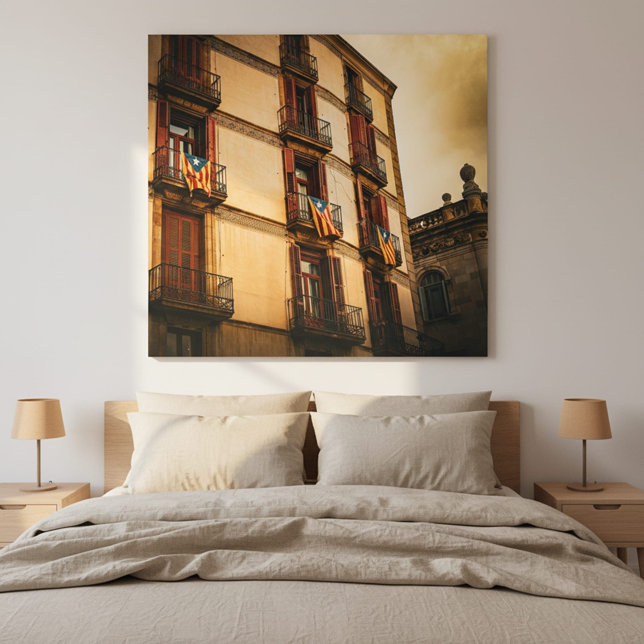 Balconies of Barcelona shown as a canvas print in a styled interior, view 1 of 3