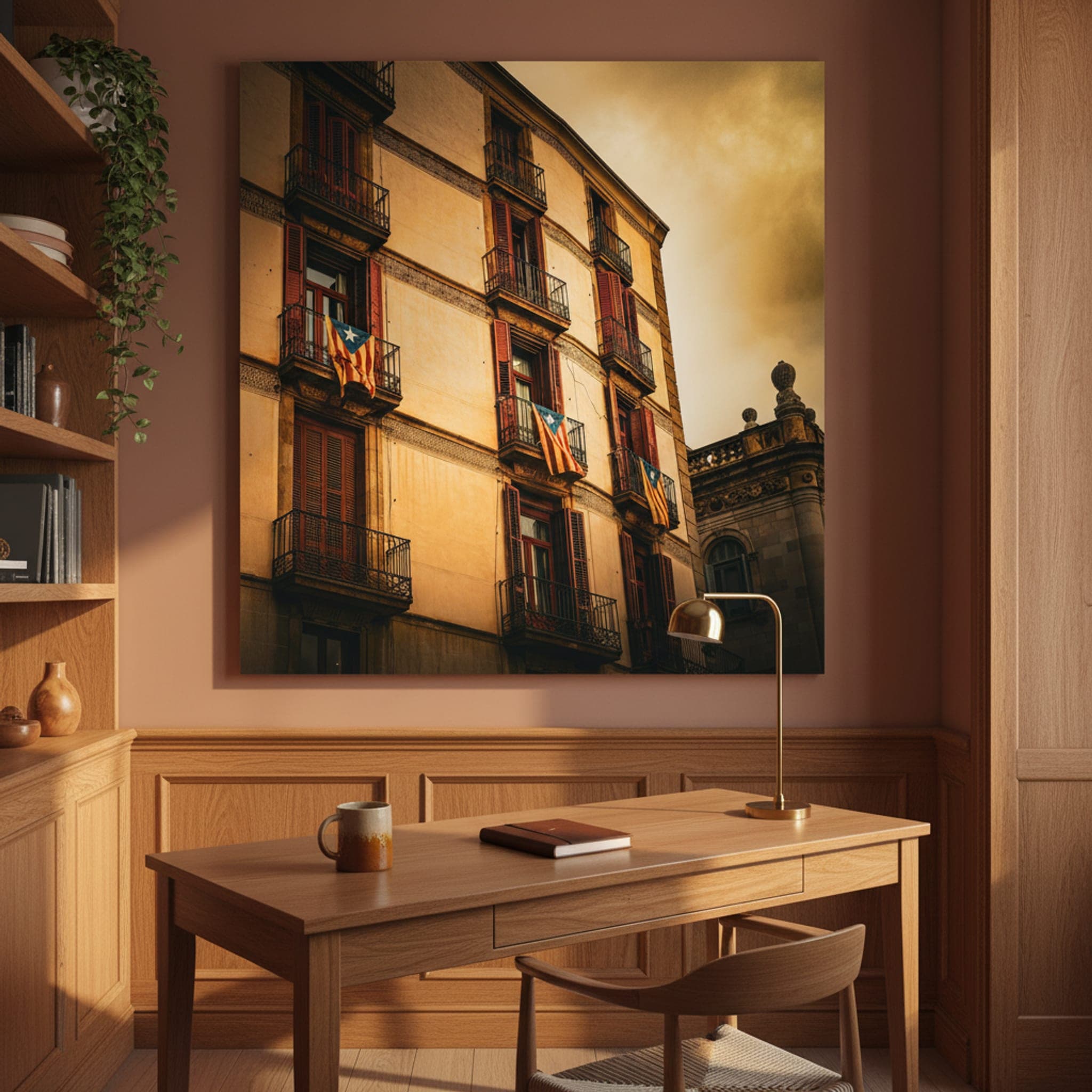Balconies of Barcelona shown as a canvas print in a styled interior, view 3 of 3